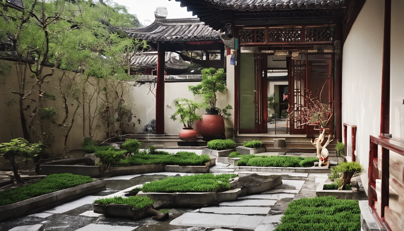 wide wide shot，Chinese Garden，After entering the courtyard，You will see a spacious and tidy courtyard。It is surrounded by rooms with different functions，The floor of the courtyard is paved with stone slabs，It is surrounded by bamboo。A variety of greenery is planted in the corner of the courtyard，Such as flowers and plants、Bamboo and small trees, etc。Greenery grows well，It brings a fresh atmosphere and natural beauty to the courtyard。In the middle of the courtyard，There is some simple but comfortable outdoor furniture，For people to rest、Chat or read。China-style.