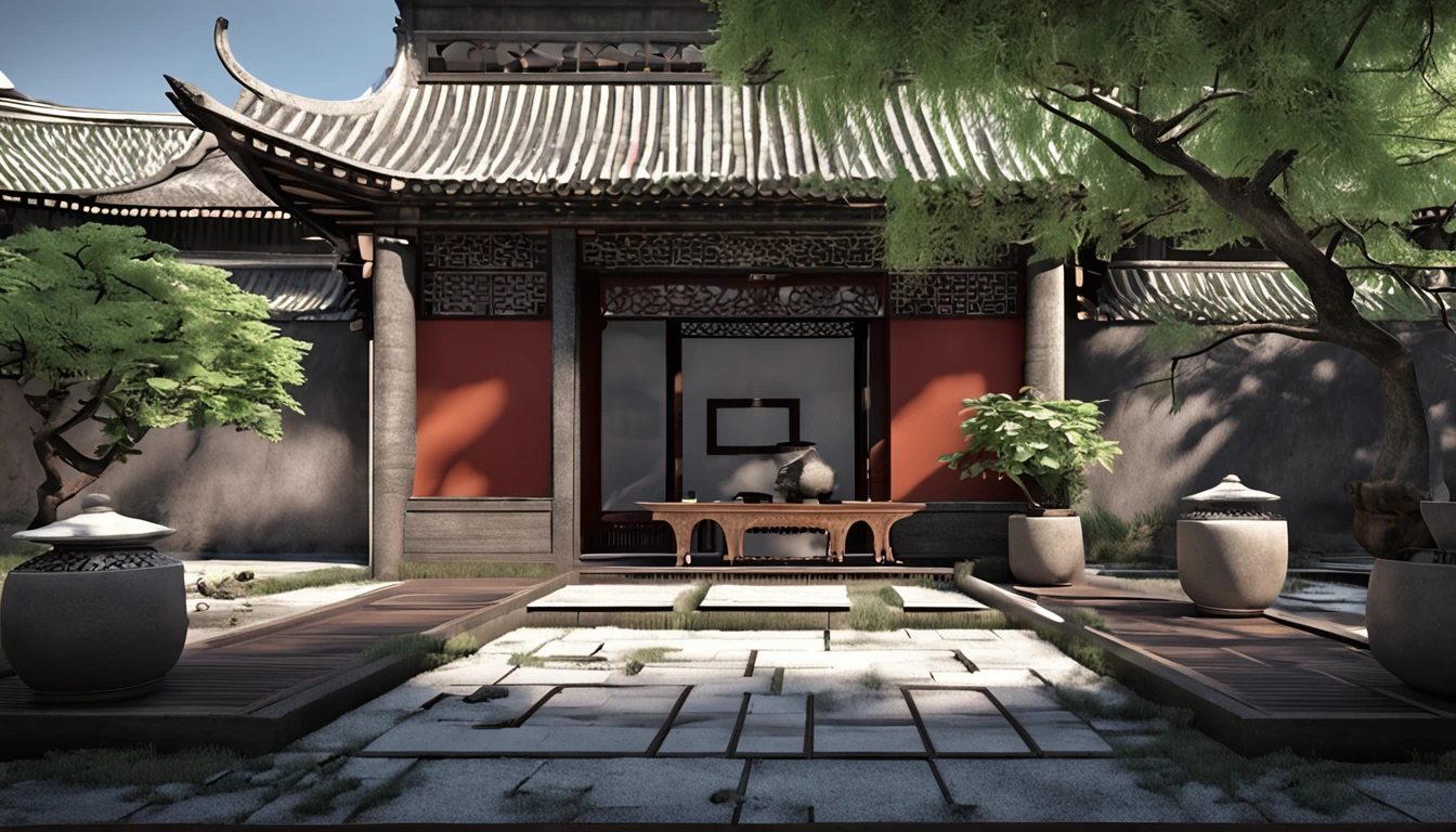 wide wide shot,Chinese Garden,After entering the courtyard,You will see a spacious and tidy courtyard。It is surrounded by rooms with different functions,The floor of the courtyard is paved with stone slabs,It is surrounded by bamboo。A variety of greenery is planted in the corner of the courtyard,Such as flowers and plants、Bamboo and small trees, etc。Greenery grows well,It brings a fresh atmosphere and natural beauty to the courtyard。In the middle of the courtyard,There is some simple but comfortable outdoor furniture,For people to rest、Chat or read。China-style.
