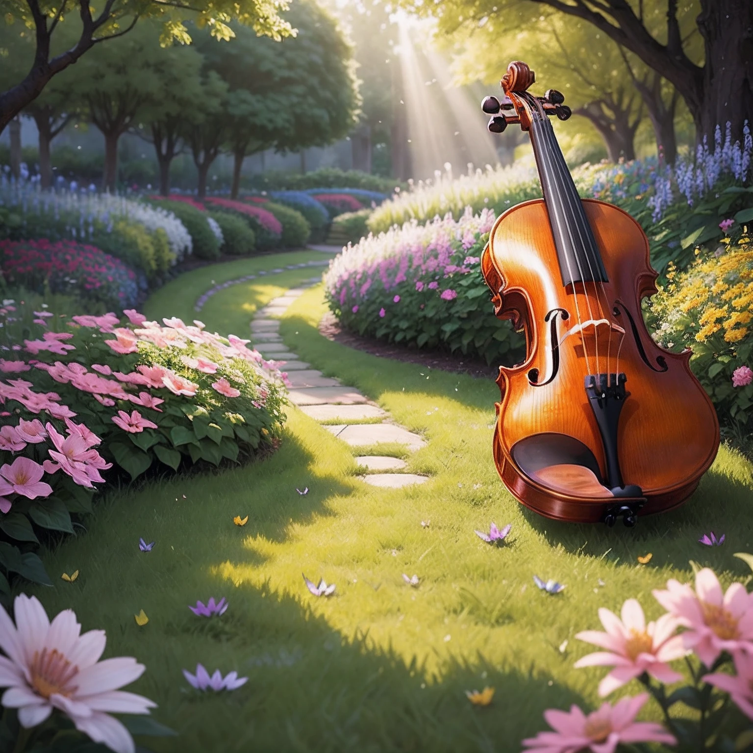 Portrait of a luxury violin, nearby a fairies garden, sunrays, colorful flowers and butterflies --auto