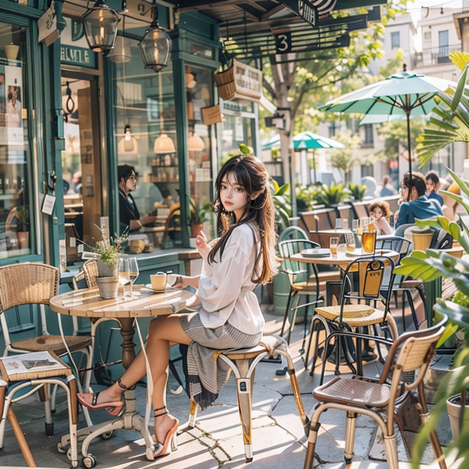 A girl sitting leisurely at a charming outdoor café, surrounded by cozy chairs and tables.