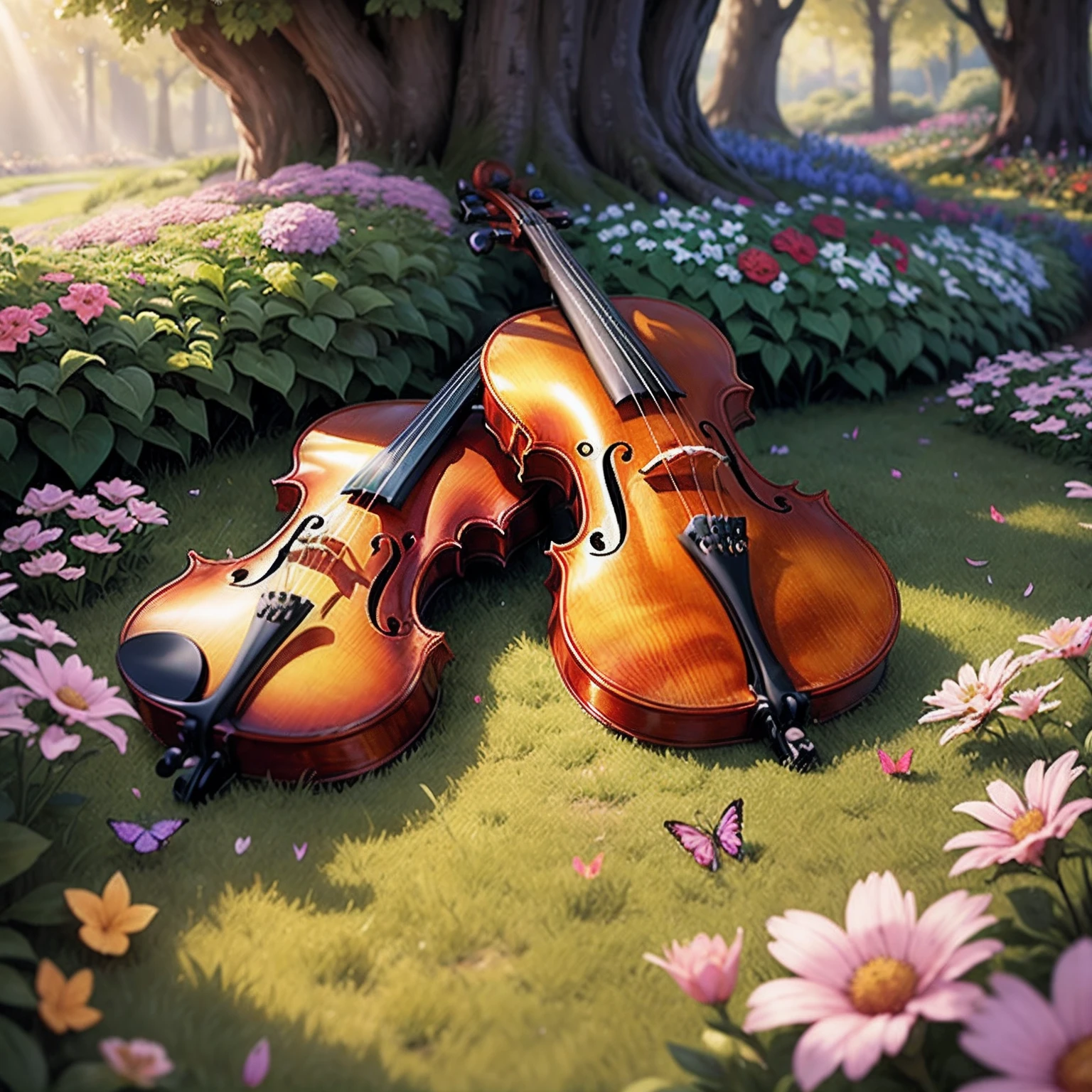 Portrait of a luxury violin, nearby a fairies garden, sunrays, colorful flowers and butterflies --auto