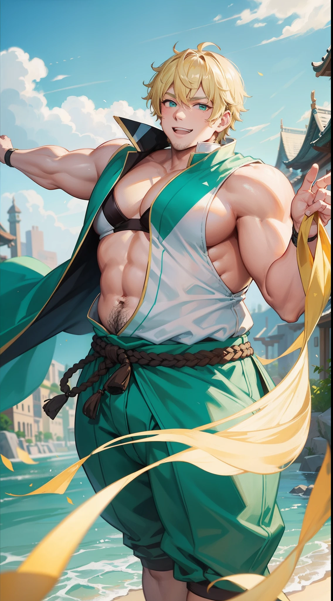 Adult fat guy, short blonde hair, Cyan eyes, green sleeveless hanfu, Drunken Master, smile, Masterpiece, hiquality