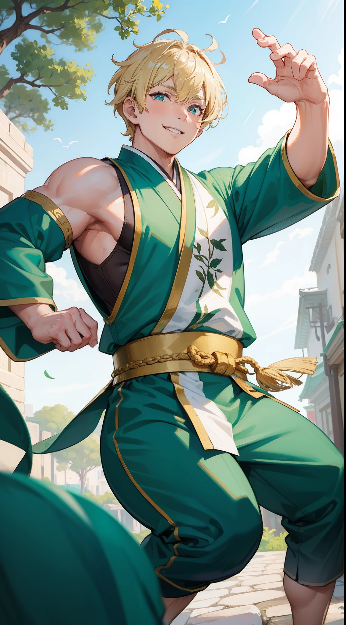 Adult Fat Man, short blonde hair, Cyan eyes, Green Hanfu sleeveless, Drunken Master, Smile, Masterpiece, hiquality