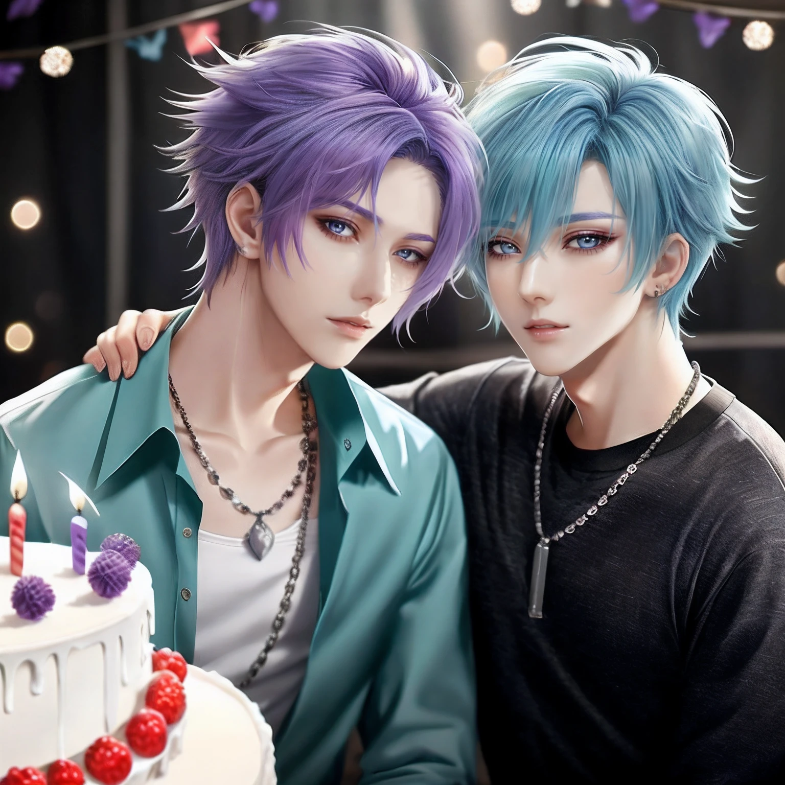 You are having a birthday party, Birthday decoration isolated on white background, Professional Photos, By Fedman with a necklace, inspired by Sim Sa-jeong, androgynous vampire, :9 detailed face: 8, extra detailed face, detailed punk hair, ((Gray)) baggy eyes, Seductive. Highly detailed, semi realistic anime, Vampires, hyperrealistic , delicate androgynous prince, imvu, Bright purple hair, Gray eyes, Black Casual Korean Men's Fashion((Plain clothe)), Have a cake, Center parting bangs, ((Man with short purple hair over his ears)), ((Glaring expression)), Wild look, looking distantly, high-level image quality, masterpiece, ((2 men)), Cake in front of you, celebration, ((Light blue hair men celebrating together))