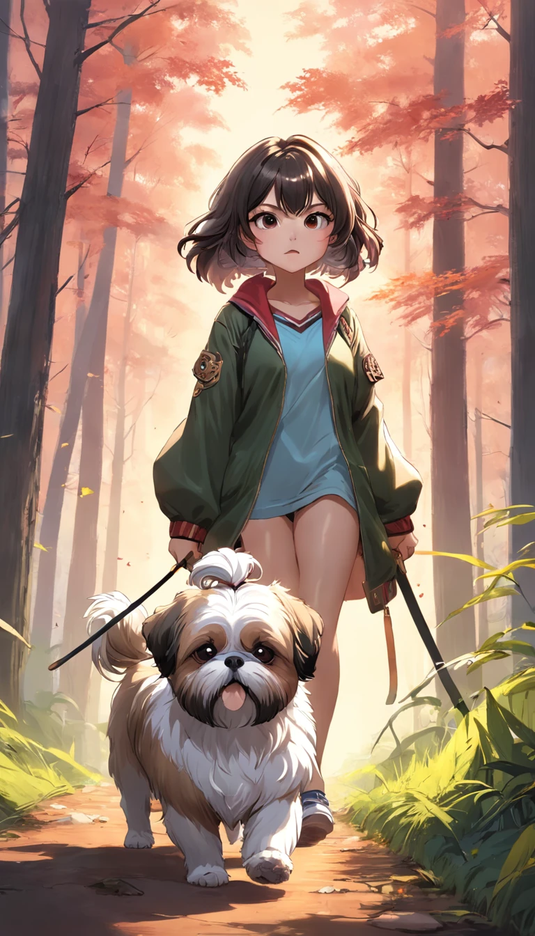 tutor e sua shih tzu passeando no bosque