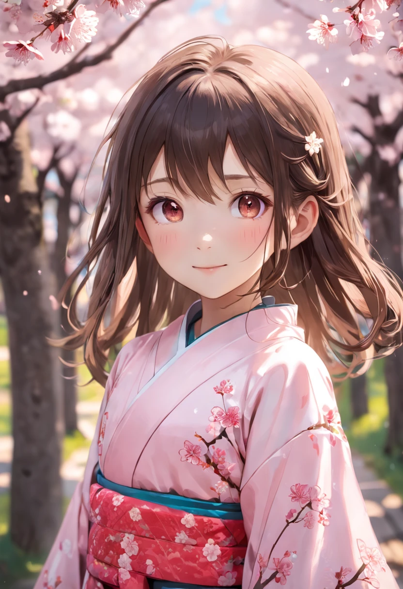 (Masterpiece, Daylight portrait:1.3), (Charming image of a 7 year old girl in Japan under cherry blossoms:1.2), (Sony A6400 camera, Known for its fast autofocus and detail preservation:1.2), (With Sony E 50mm f/1.8 OSS lenses,Capture clear and detailed portraits:1.2), (Long, Smooth brunette hair is smoothly layered, intricately details:1.1), (Fine hair sparkles in the light:1.1), (The symmetrical face is decorated with professional makeup:1.1), (Delicate characters dressed in traditional Japanese kimono:1.1), (Shiny hair obscures the sun,Rejuvenate:1.1), (The charming smile exudes real warmth:1.1), (The vibrant cherry blossoms outline the tranquil scene:1.1), (Peaceful park setting, Vibrant with spring colors:1.1), (The camera's sensors captured the nuanced intricacies of her facial features and dress。:1.1), (The camera focuses on her smile, Capture its natural charm:1.1), (Instantly frozen in time, Embodies the beauty of youth and nature:1.1), (A harmonious blend of cultural elegance and joyful authenticity:1.1), (Capture a portrait of true happiness under the cherry blossoms:1.1)