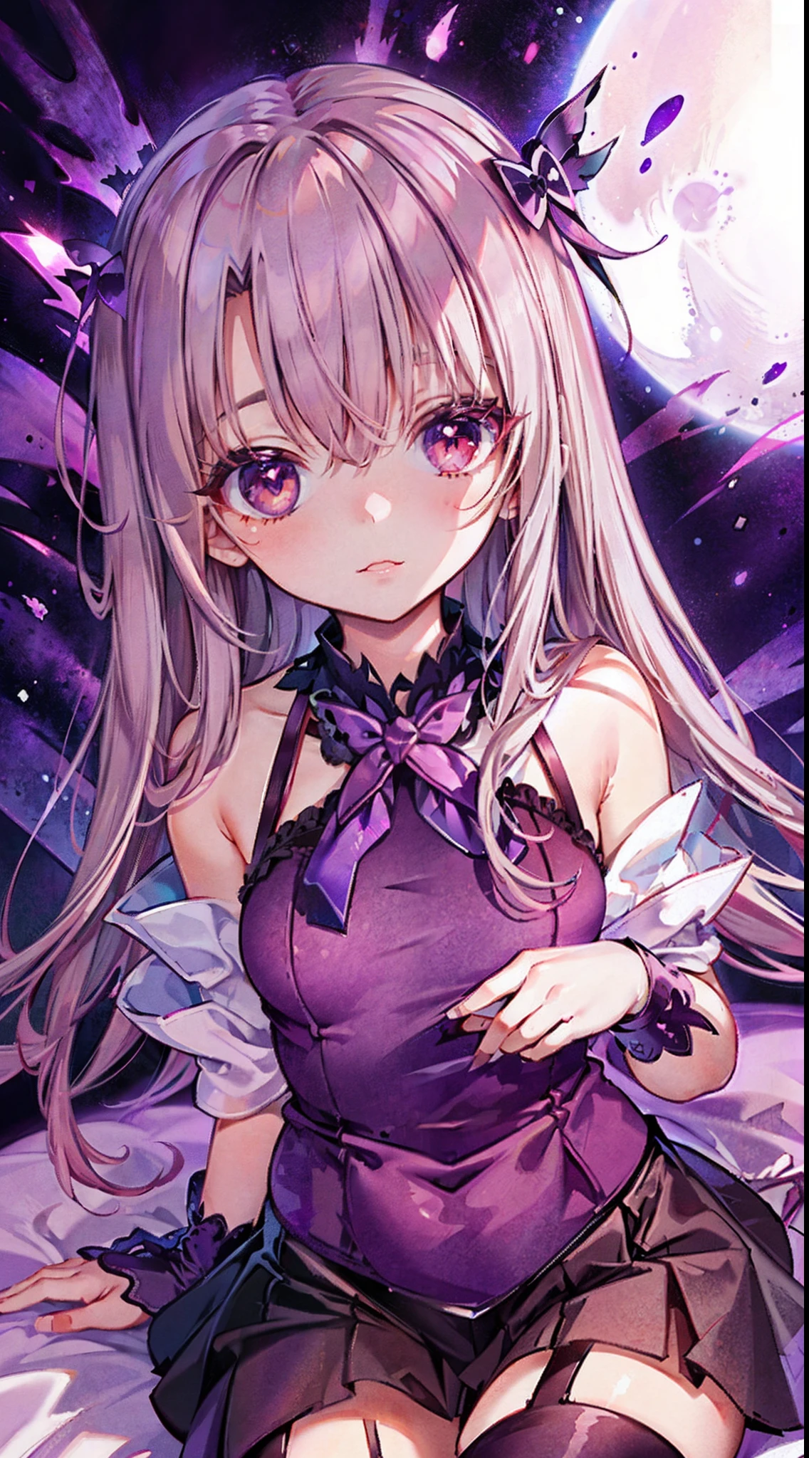 High detail, Heart-shaped pupils，purpleish color，red colour，Love pupils，cropped shoulders，Bow knot，Slender maiden,highly rendered，detailed face with，white stockings，hason，