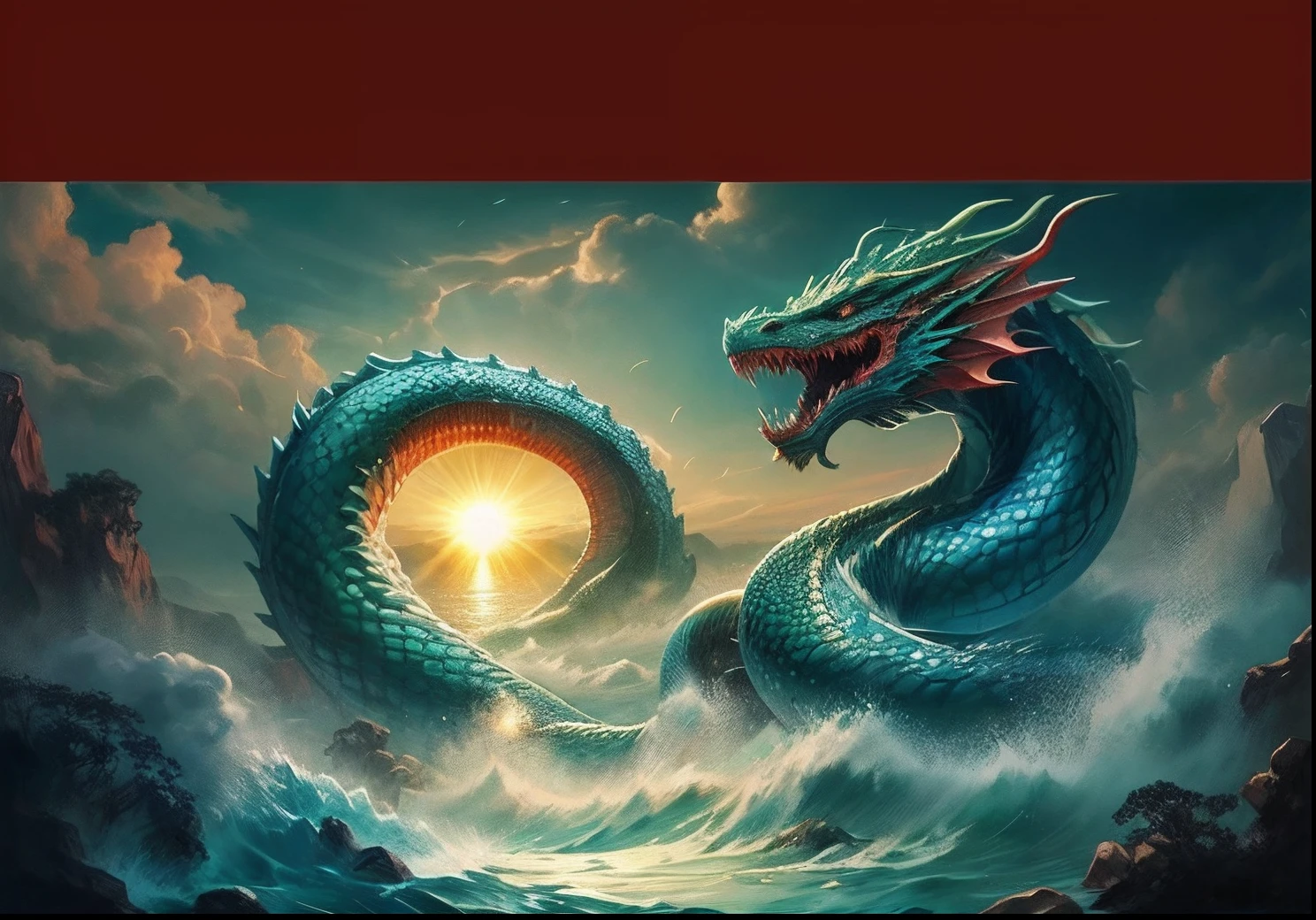 Drawing of a dragon with a large beak, Green streaks and a large tail in wavy water.....,evening,Red Sun, Green Dragon Fantasy, Sea snake, serpentine water monster, water dragon, smooth chinese dragon, chinese dragon concept art, epic dragon, The snake has very mysterious wings...., Oil painting of a dragon, colossal dragon as background, dragon art, Chinese dragon, blue dragon, Majestic Japanese Dragon, God of Dragons,snake