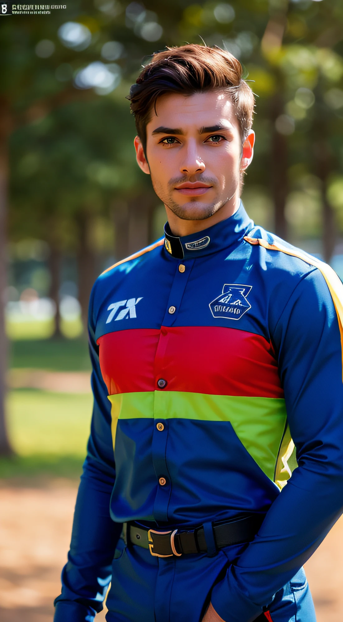 (un hombre, LOÏC BRUNI, 35 years old., French mountain biking competitor, Posa de frente y relajado, alegre, sonriente. Traje ultra detallado, texturas, desgaste. Piel ultra detallada realista, natural lighting, luz natural, el traje es de Fox racing. El fondo es una pista de BMX, desenfocado el fondo