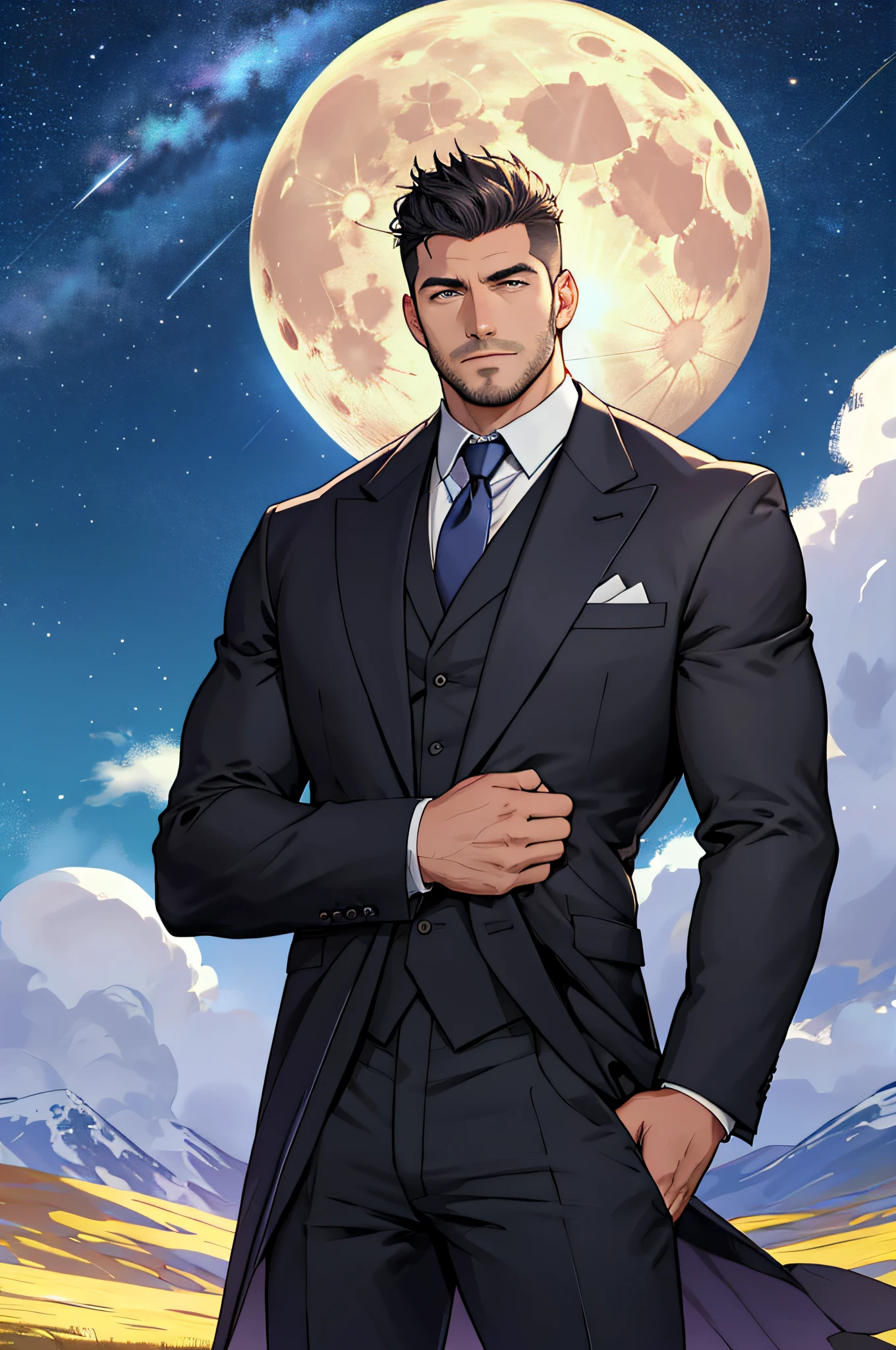 Draw a full-fledged footballer,Standing on the steppe at night,Quiet and comfortable background,He wears the same suit as the country's president,The suit fits perfectly,Handsome face,eyes with brightness,The man looks confident and determined,looking-down,Crew cut,full bodyesbian,Stars dot the sky,shooting from below,Big moon highlights background