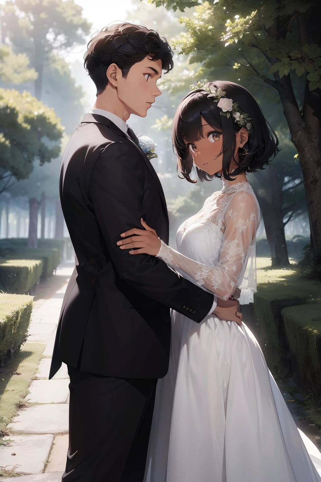a beautiful girl with very short curly hair, black skin, with elegant wedding dress, brown eyes, along with a white boy, very tall and strong, wearing a suit, in a forest on the backdrop, with flowers handing to her, the two of them together in the photo, side image