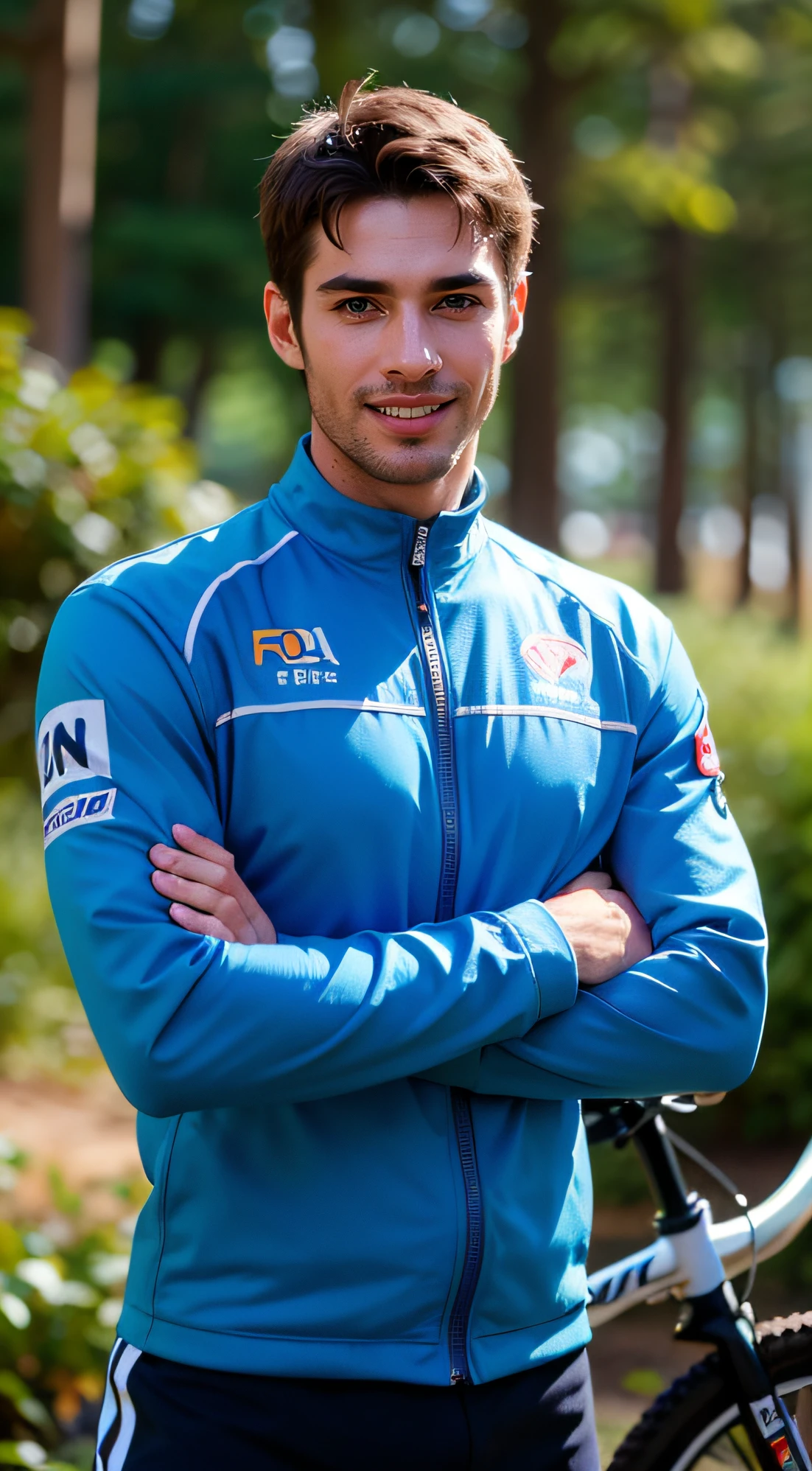 (un hombre, LOÏC BRUNI, 35 years old., French mountain biking competitor, Posa de frente y relajado, alegre, sonriente. Traje ultra detallado, texturas, desgaste. Piel ultra detallada realista, natural lighting, luz natural, el traje es de Fox racing. El fondo es una pista de BMX, desenfocado el fondo