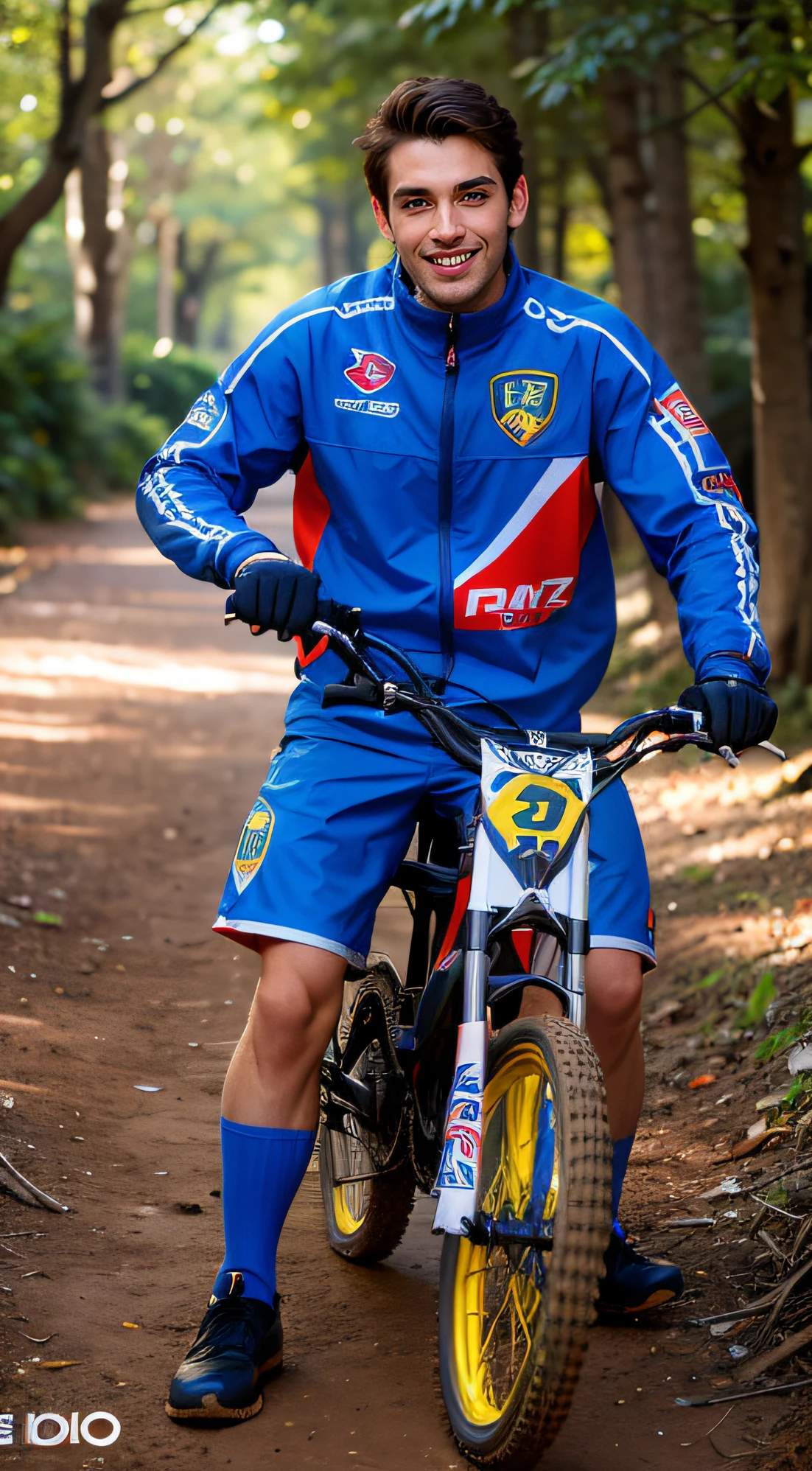(un hombre, LOÏC BRUNI, 35 years old., French mountain biking competitor, Posa de frente y relajado, alegre, sonriente. Traje ultra detallado, texturas, desgaste. Piel ultra detallada realista, natural lighting, luz natural, el traje es de Fox racing. El fondo es una pista de BMX, desenfocado el fondo
