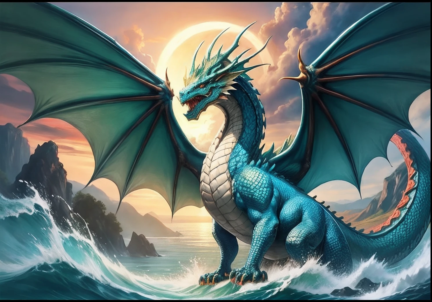 Drawing of a dragon with a large beak, Green streaks and a large tail in wavy water.....,evening,Red Sun, Green Dragon Fantasy, Sea snake, serpentine water monster, water dragon, smooth chinese dragon, chinese dragon concept art, epic dragon, The snake has very mysterious wings...., Oil painting of a dragon, colossal dragon as background, dragon art, Chinese dragon, blue dragon, Majestic Japanese Dragon, God of Dragons,snake