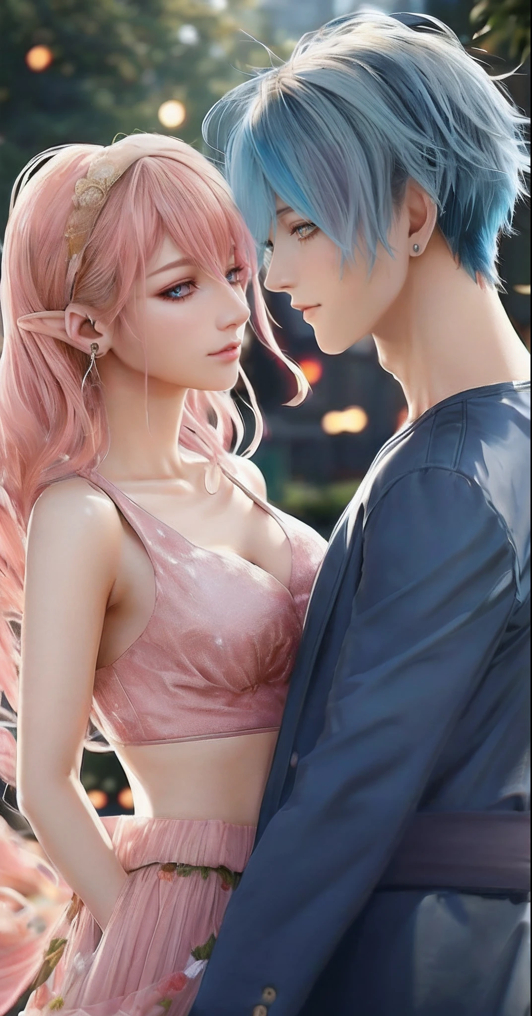Male and female couples, Idol Photos, Photos of actors, Professional Photos, extra detailed face, detailed punk hair, very detailed character, inspired by Sim Sa-jeong, single realistic face, Cai Xukun's, detailed realistic faces, highly detailed realistic face, high detailed face anime, realistic detailed face, Accurate detailed face, attractive androgynous humanoid, Black Casual Idol Costume, ((Man with light blue hair)), ((Woman with pink hair)), ((Woman with long hair below waist)), ((Man with short hair over ears)), Sleepy look with a gentle expression, high-level image quality, ​masterpiece, Photographed so that the whole body can be seen, Photographed to make clothes look beautiful, Take your eyes off, ((two individuals))