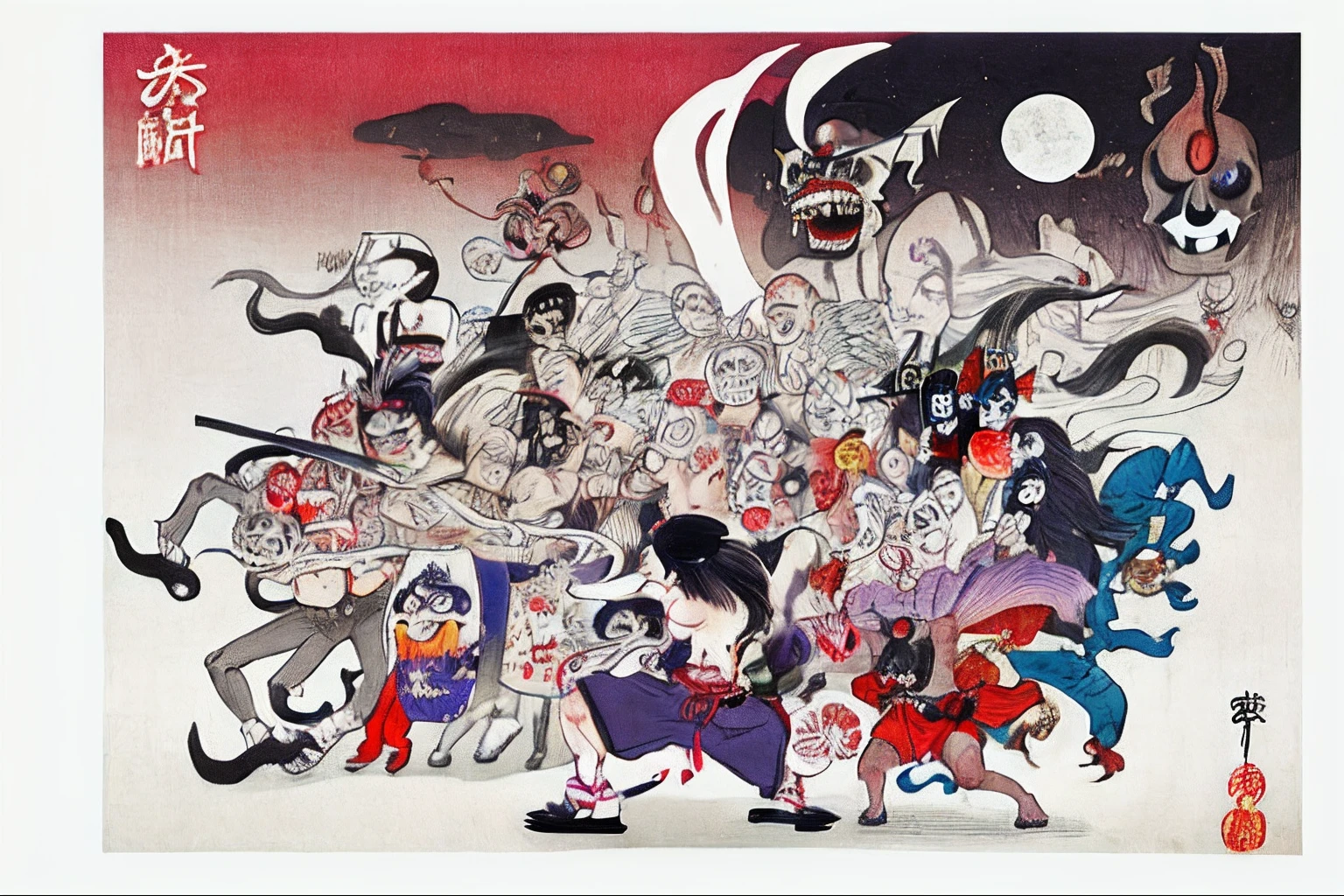 best quality, style of Hokusai, ukiyo-e, Hyakki Yagyō, japanese old monster's parade,
Chōchin-oiwa, Kidōmaru, Nekomata, Tsuchigumo, akaname, Chōchinobake, Daidarabotchi, Futakuchi-onna, Gaki, Gashadokuro, Gyūki, Hitodama, Hitotsume-kozō, Hitotsume-nyūdō, Hone-onna, Ittan-momen Kappa, Kasa-obake, Kasha, Mokumokuren, Nurikabe, Oboroguruma, Oiwa, Oni, Rokurokubi, Kamaitachi, Taka-onna, Sunakake-baba, Umibōzu, Umi-nyōbō, Wanyūdō, Yamajijii, Yama-uba, Yuki-onna, Zashiki-warashi, noppera-bō