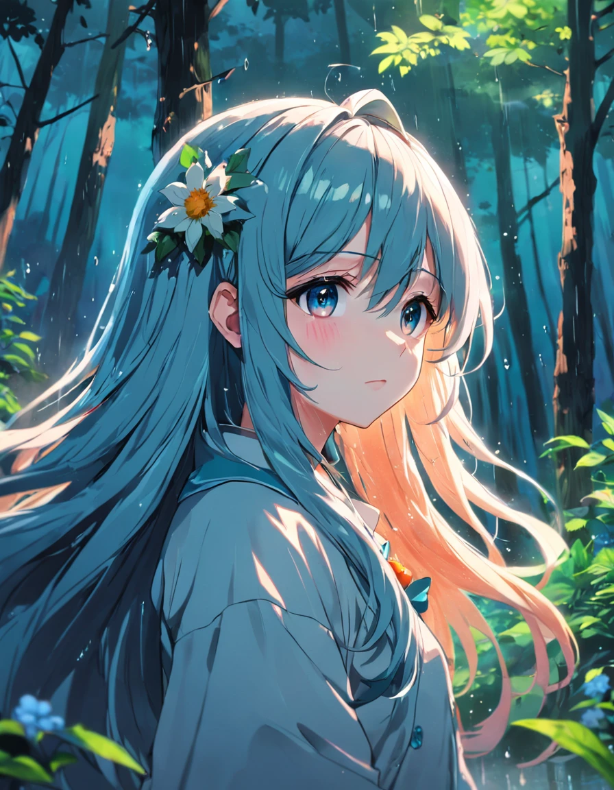 anime girl with long hair and flower in her hair, Beautiful anime artwork, style of anime4 K, Anime art wallpaper 4k,Rainy days，janelas，the woods，Rain drops