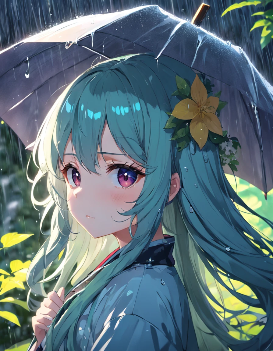 anime girl with long hair and flower in her hair, Beautiful anime artwork, style of anime4 K, Anime art wallpaper 4k,Rainy days，janelas，the woods，Rain drops