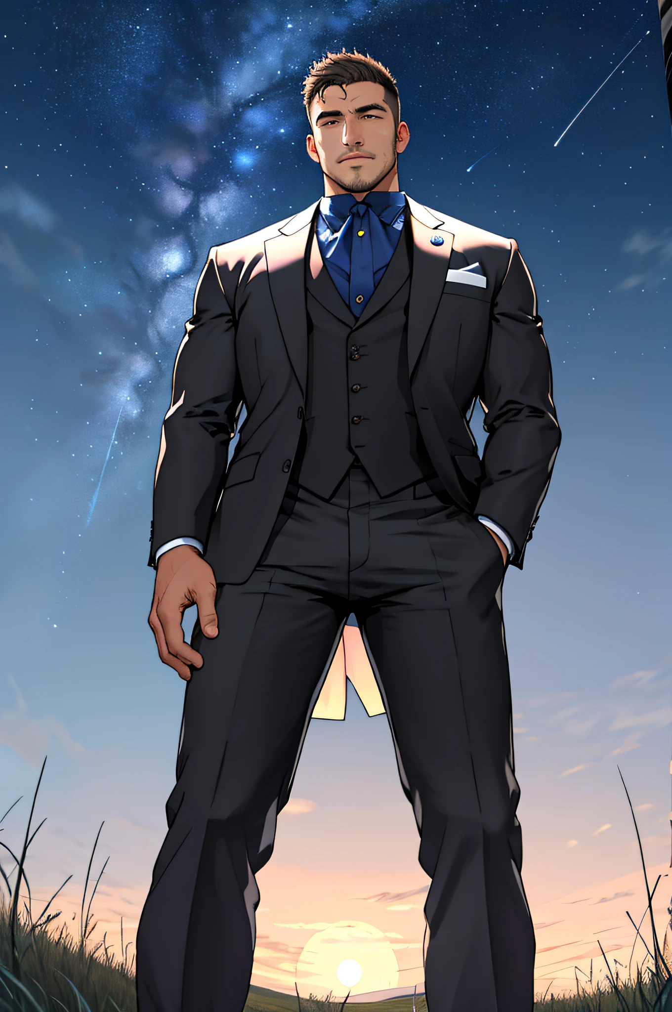 Draw a full-fledged footballer,Standing on the steppe at night,Quiet and comfortable background,He wears the same suit as the country's president,The suit fits perfectly,Handsome face,eyes with brightness,The man looks confident and determined,looking-down,Crew cut,full bodyesbian,Stars dot the sky,shooting from below,Big moon highlights background