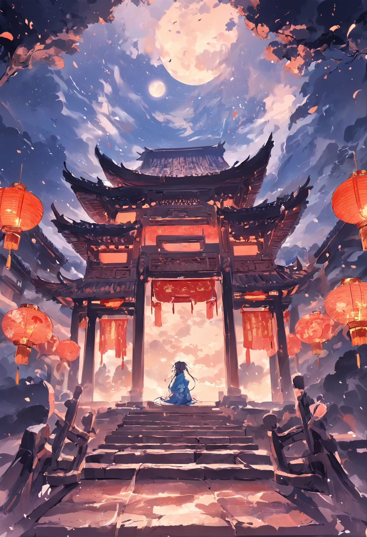 the night,themoon,game scenes,Ancient Chinese palaces are located above the clouds,surrounded by cloud,Homem-Imponente,glazed tiles,BUDDHA STATUE,Lanterns,gorgeous color,In the foreground are three arches((Color ink)),( (Splash ink ) ), ((Splash ink) ink})), tmasterpiece,high qulity,Beautiful graphics,high detal