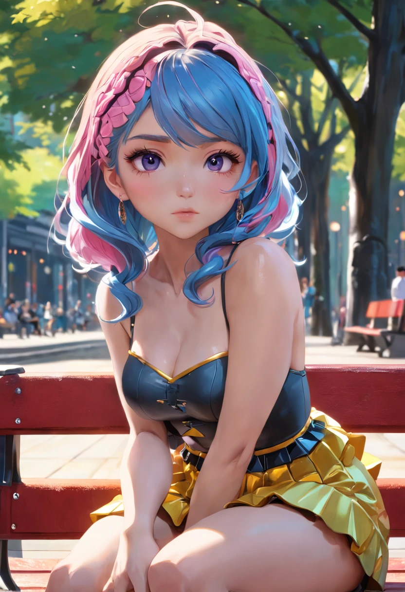 Zendaya photorealistic, ultra realistic,3D, artstation, cgsociety, 8 k, award winning photography of a beautiful woman sitting on a bench at the park, (fashion), (multi color hair:1.2), cheekbones, detailed face, Bejeweled, curvy, no clothing on, (see-through)) top, frill skirt colorful, vibrant, double eyelid,(Gigantic breast:1.5)