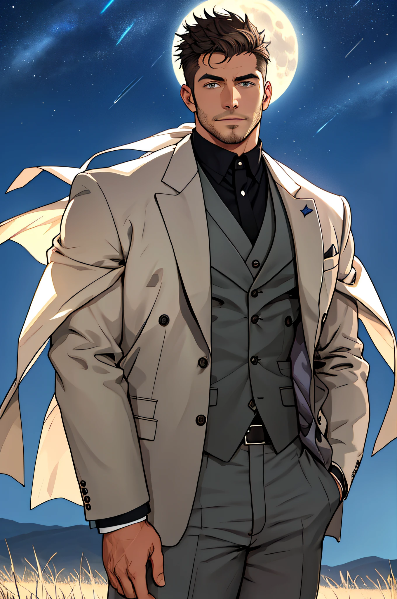 Draw a full-fledged footballer,Standing on the steppe at night,Quiet and comfortable background,He wears the same suit as the country's president,The suit fits perfectly,Handsome face,eyes with brightness,The man looks confident and determined,looking-down,Crew cut,full bodyesbian,Stars dot the sky,shooting from below,Big moon highlights background