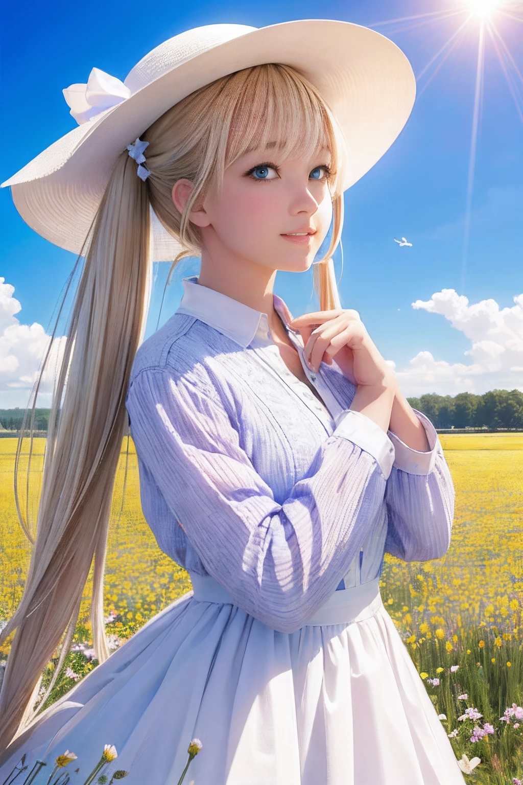 (8k, RAW photo, realistic, photo-realistic:1.5), masterpiece, best quality, high resolution, extremely detailed, detailed background, cinematic lighting, dynamic angle, lens flare, dramatic, 1girl, cute girl, solo, wind, pale-blonde hair, blue eyes, very long twintails, white hat, blue sky, laugh, flying petal, flowery field, sky, lavender, sun, field, fractal art