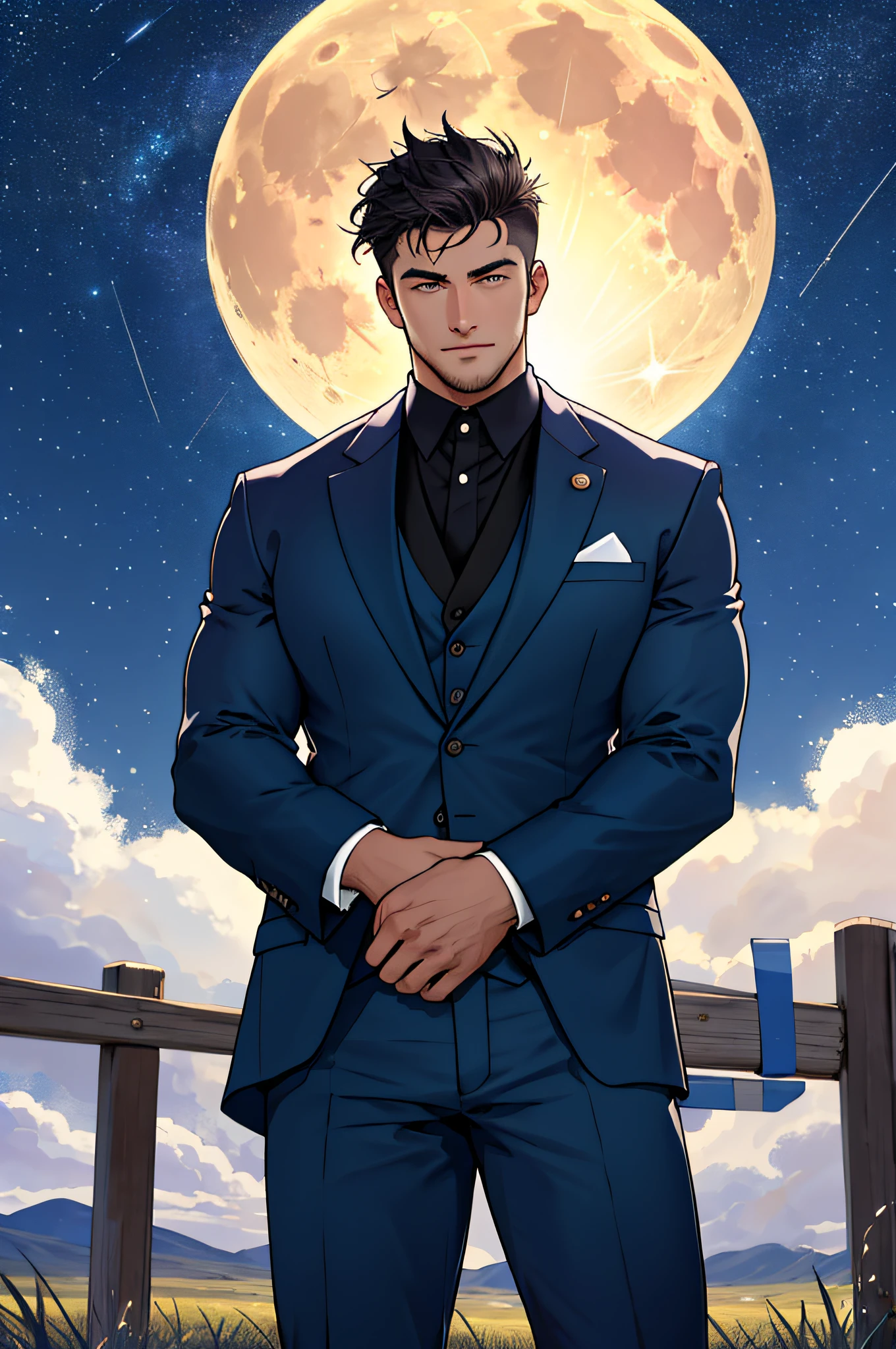 Draw a full-fledged footballer，Standing on the steppe at night，Quiet and comfortable background，He wears the same suit as the country's president，The suit fits perfectly，Handsome face，eyes with brightness，The man looks confident and determined，looking-down，Crew cut，full bodyesbian，Stars dot the sky，shooting from below，Big moon highlights background
