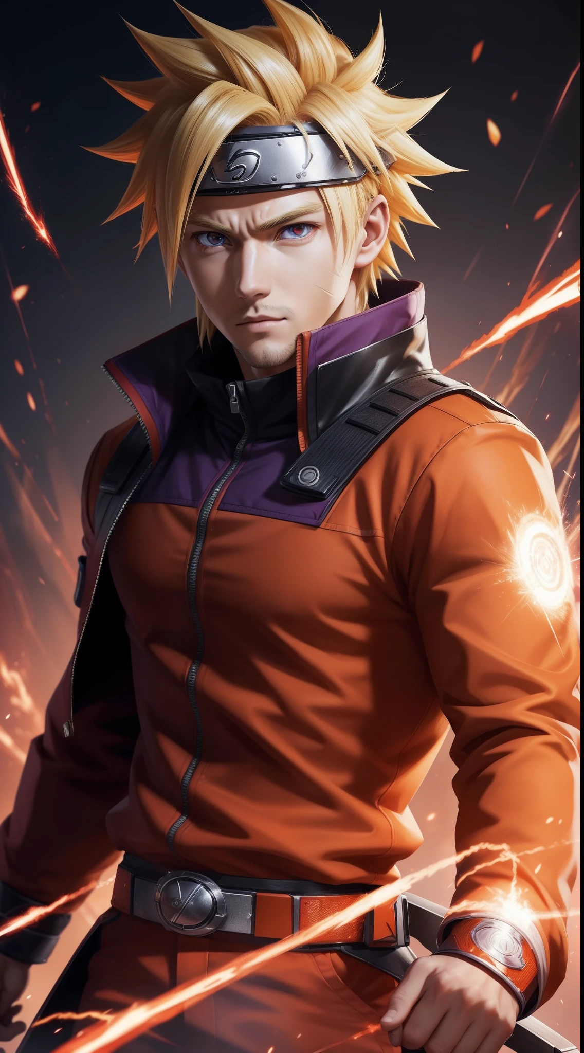 Hot profile picture, masterpiece, extremely accurate rendering, cool handsome Naruto, blond hair, looking at viewer, solo, reliable, savior of the world, simple design, beautiful image best, 8K, light red eyes, original orange clothing style according to the characters in the story, reflecting the red and purple sparks on the chest.