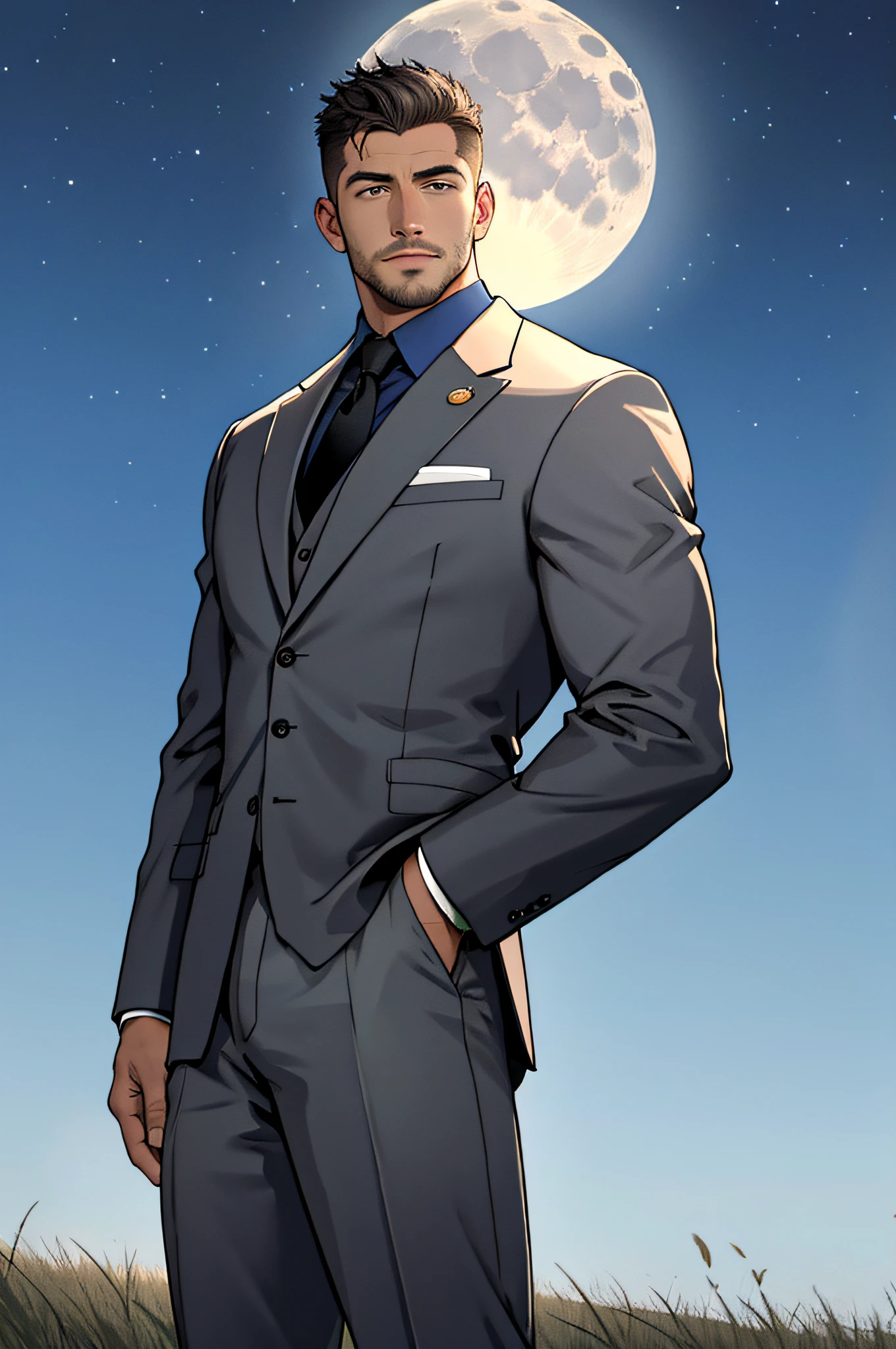 Draw a full-fledged footballer,Standing on the steppe at night,Quiet and comfortable background,He wears the same suit as the country's president,The suit fits perfectly,Handsome face,eyes with brightness,The man looks confident and determined,looking-down,Crew cut,full bodyesbian,Stars dot the sky,shooting from below,Big moon highlights background