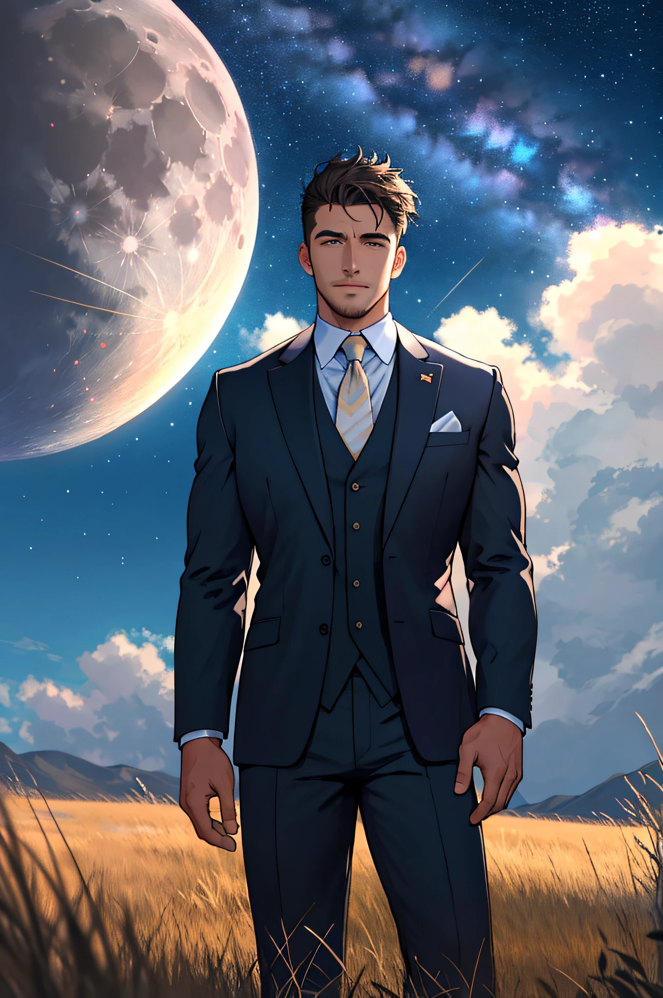 Draw a full-fledged footballer,Standing on the steppe at night,Quiet and comfortable background,He wears the same suit as the country's president,The suit fits perfectly,Handsome face,eyes with brightness,The man looks confident and determined,looking-down,Crew cut,full bodyesbian,Stars dot the sky,shooting from below,Big moon highlights background