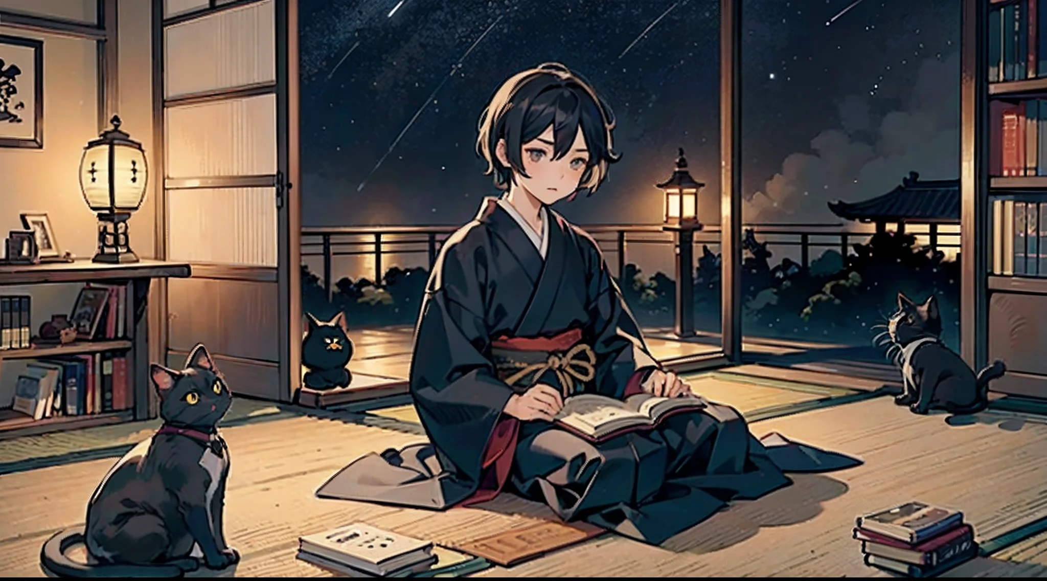 #Quality (intricate-detail、ultra-detailliert:1.2,Masterpiece),
#night sky (darkness of night,no light),
#one writing boy ( male、writer,Honor Students、A dark-haired、short-hair、hakama,sit flat),
#black room at night (no light,black cat,wooden table,one candle,pretty tatami,a lot of books,bookshelf)
