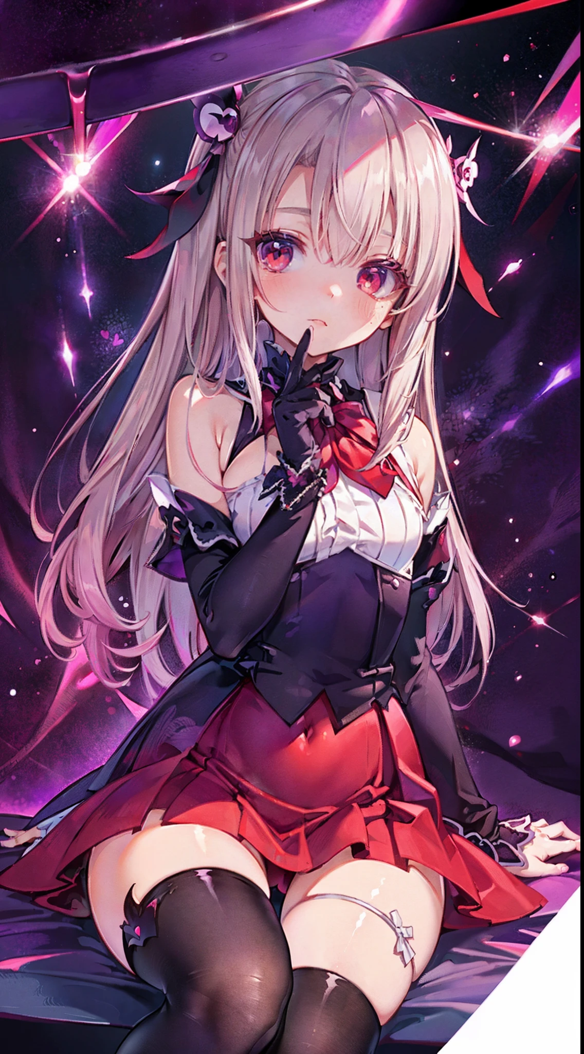 High detail, Heart-shaped pupils，purpleish color，red colour，oestrus，Love pupils，cropped shoulders，Bow knot，Slender maiden,highly rendered，detailed face with，white stockings，hason，