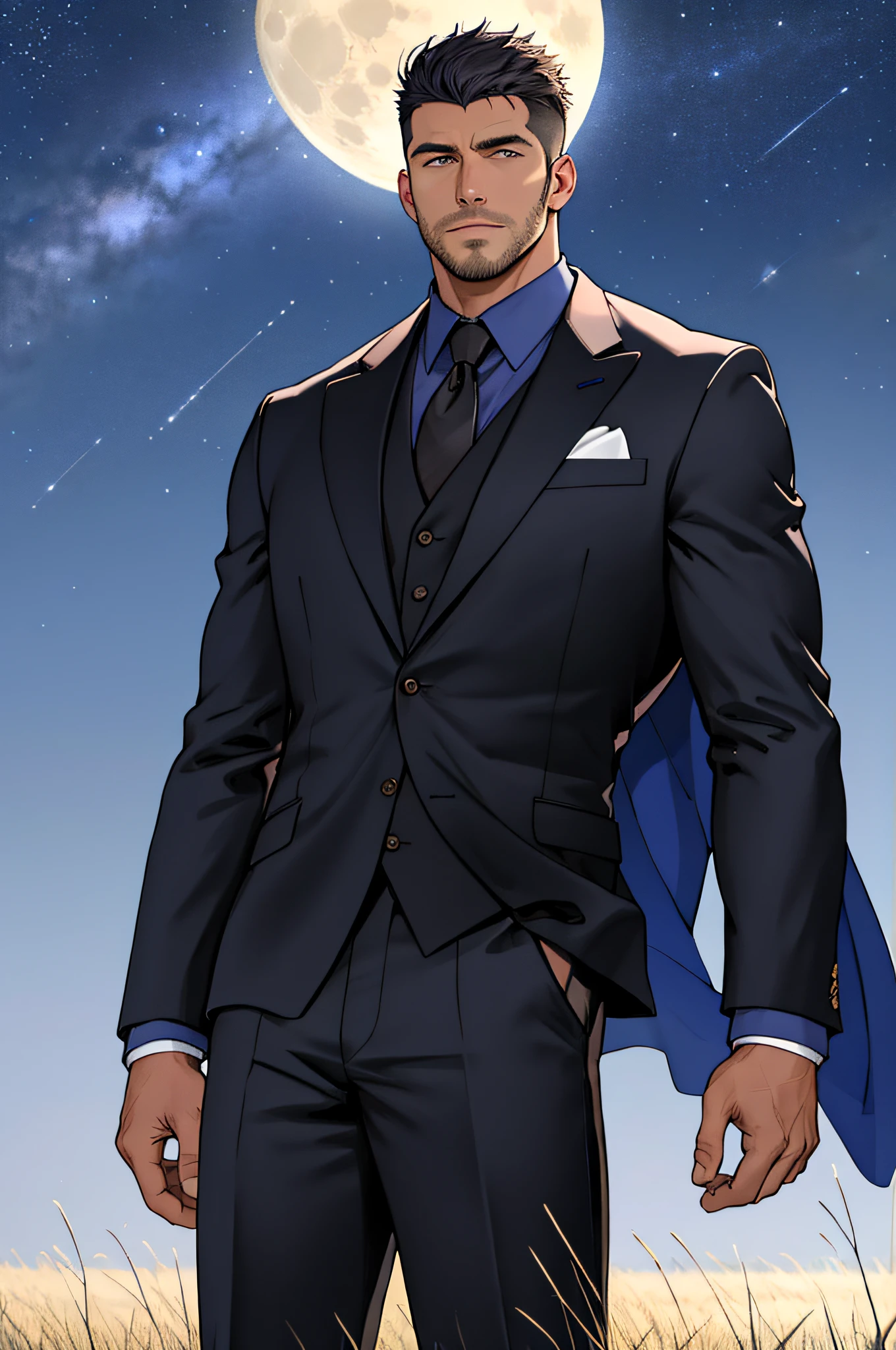 Draw a full-fledged footballer,Standing on the steppe at night,Quiet and comfortable background,He wears the same suit as the country's president,The suit fits perfectly,Handsome face,eyes with brightness,The man looks confident and determined,looking-down,Crew cut,full bodyesbian,Stars dot the sky,shooting from below,Big moon highlights background