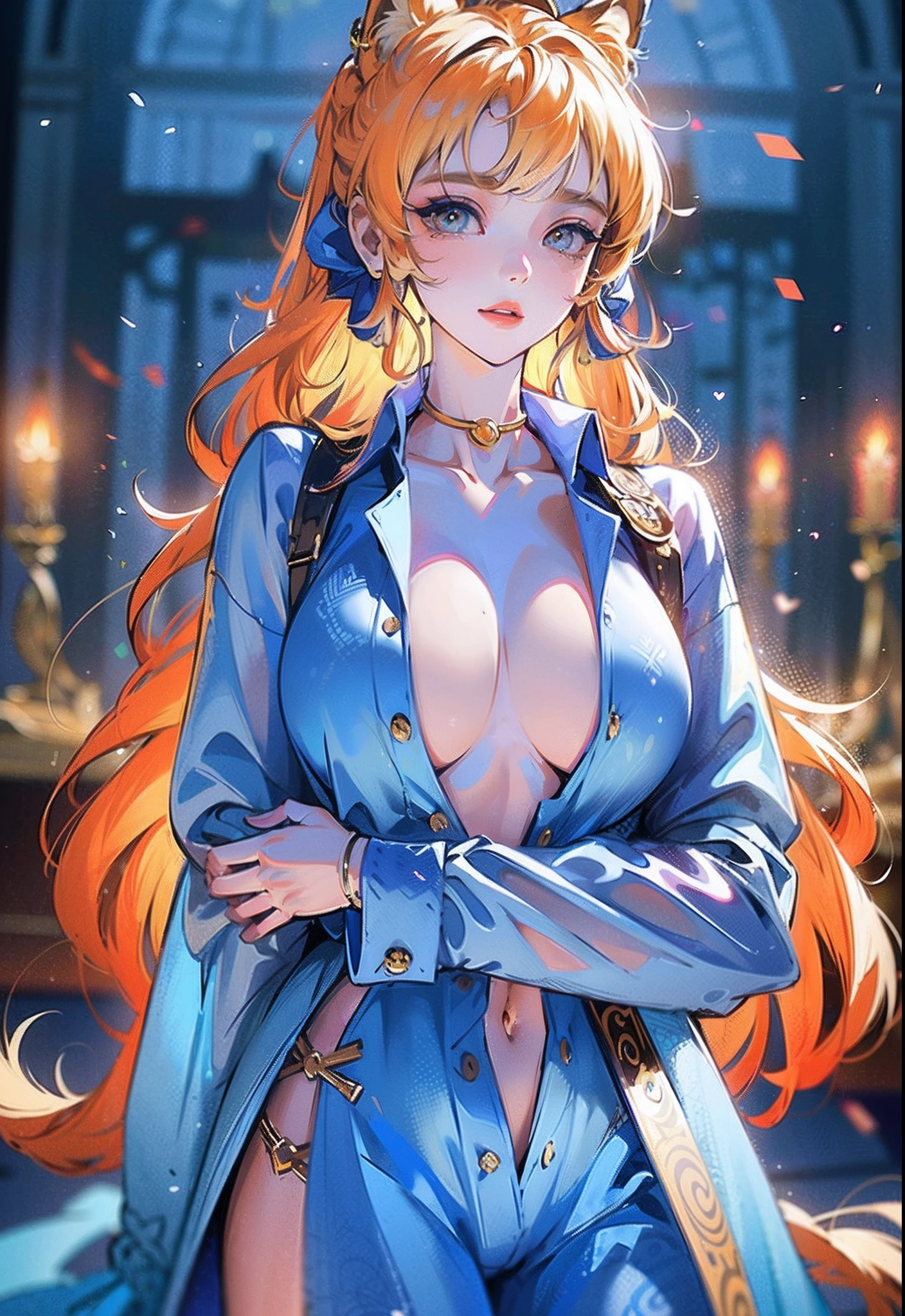 (extremely detailed CG unity 8k wallpaper), (masterpiece), (best quality), (ultra-detailed), (best illustration), (best shadow), ultra-high res, 1 pair of man and woman bedroom, ((woman, very oversize shirt, loose shirt, buttoned shirt, open shirt, man shirt), no bra, collarbone, (moderate breasts:1.2), (long hair:1.2), looking at viewer, light smile, upper body, makeup, ((ayaka)), (golden hair:1.1), (wolf ear:1.2), hands on thighs, dynamic pose)), (man, behind woman, (hug woman from behind), hand grab woman breast, well build physical)