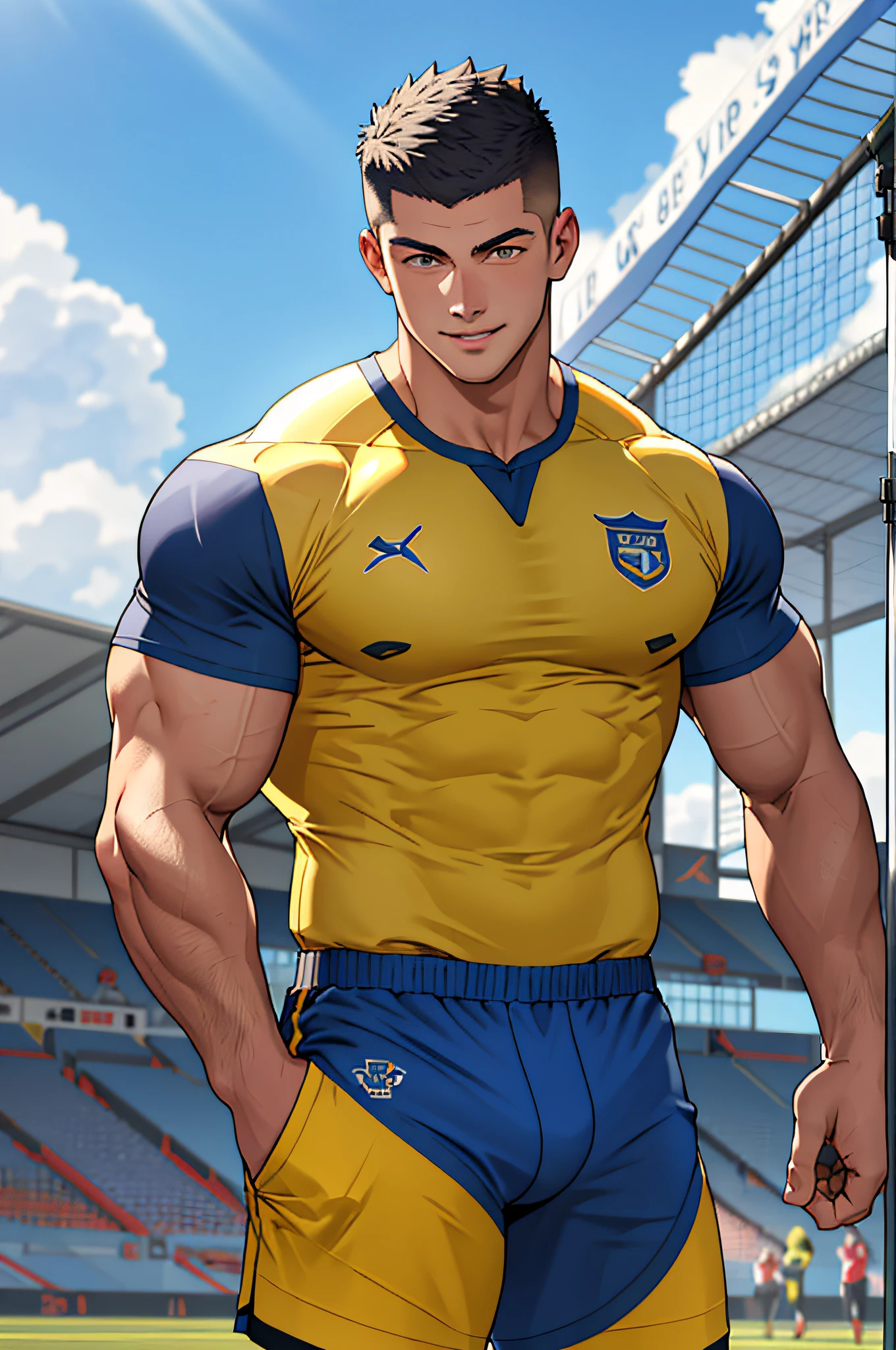 Draw a full-fledged athlete,Stand on the central field of the gym,He wears high-end sportswear,The man looks confident and determined,rays of sunshine,cheerful big breasts,Handsome,Crew cut,full bodyesbian,shooting from below,