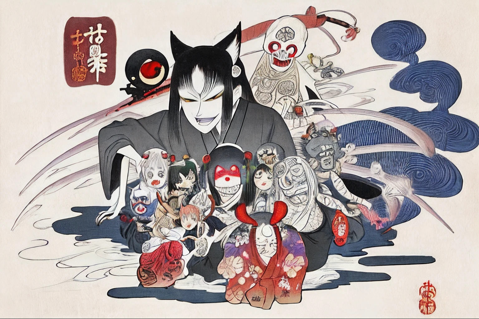 best quality, style of Hokusai, ukiyo-e, Hyakki Yagyō, japanese old monster's parade,
Chōchin-oiwa, Kidōmaru, Nekomata, Tsuchigumo, akaname, Chōchinobake, Daidarabotchi, Futakuchi-onna, Gaki, Gashadokuro, Gyūki, Hitodama, Hitotsume-kozō, Hitotsume-nyūdō, Hone-onna, Ittan-momen Kappa, Kasa-obake, Kasha, Mokumokuren, Nurikabe, Oboroguruma, Oiwa, Oni, Rokurokubi, Kamaitachi, Taka-onna, Sunakake-baba, Umibōzu, Umi-nyōbō, Wanyūdō, Yamajijii, Yama-uba, Yuki-onna, Zashiki-warashi, noppera-bō