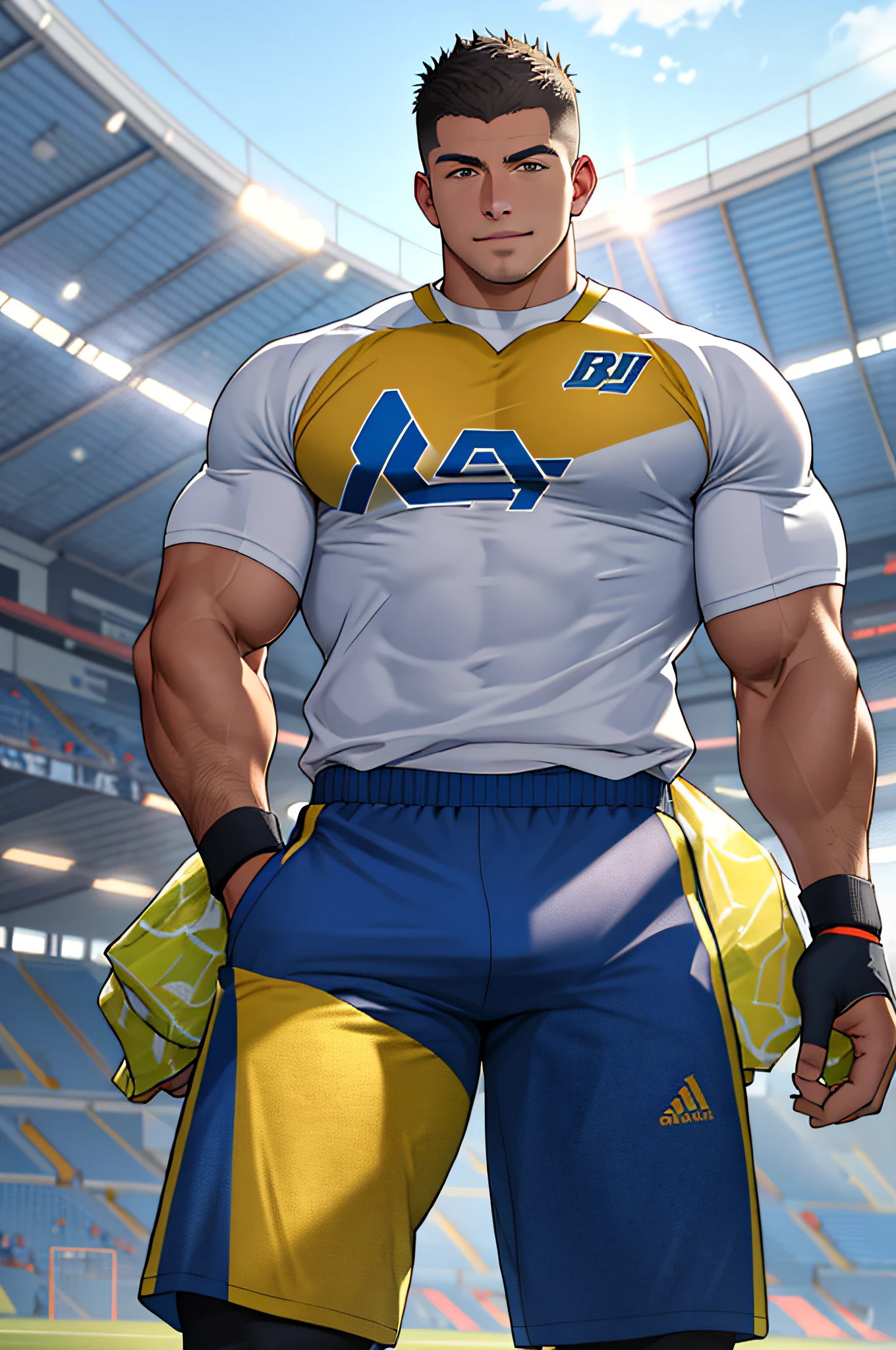 Draw a full-fledged athlete,Stand on the central field of the gym,He wears high-end sportswear,The man looks confident and determined,rays of sunshine,cheerful big breasts,Handsome,Crew cut,full bodyesbian,shooting from below,