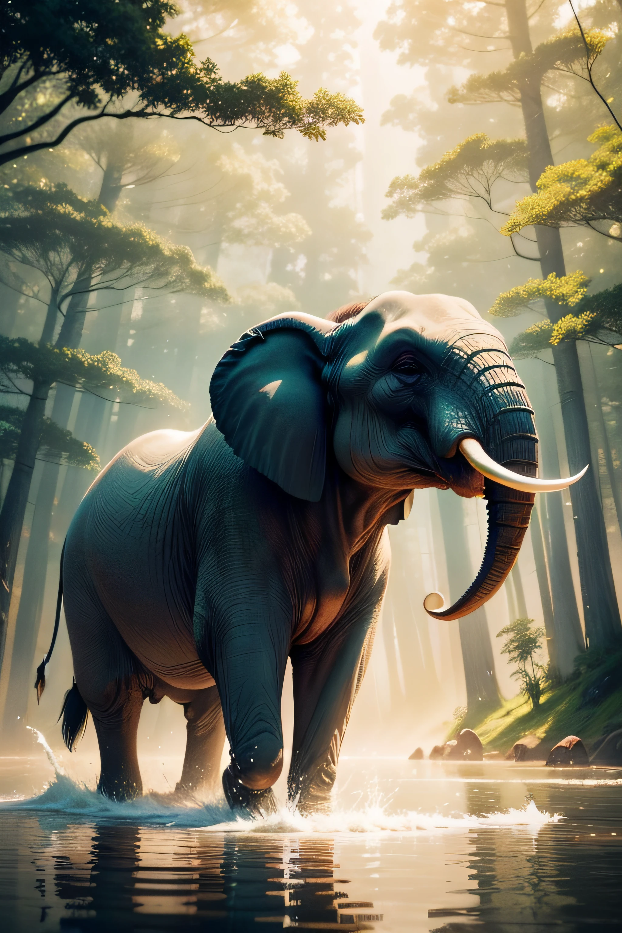 "Create a mesmerizing artwork of majestic elephants, showcasing their power and grace in a serene landscape. The elephants should be intricately detailed, with tusk-like ivory tusks, expressive eyes, and textured skin. The setting should feature a lush forest with tall trees, vibrant foliage, and a peaceful river flowing through it. Capture the sunlight filtering through the leaves, casting a magical and ethereal glow. Add a touch of surrealism to the scene by incorporating floating objects like colorful balloons or floating islands. The overall atmosphere should evoke a sense of wonder and tranquility, inviting viewers to immerse themselves in the majestic world of these gentle giants."