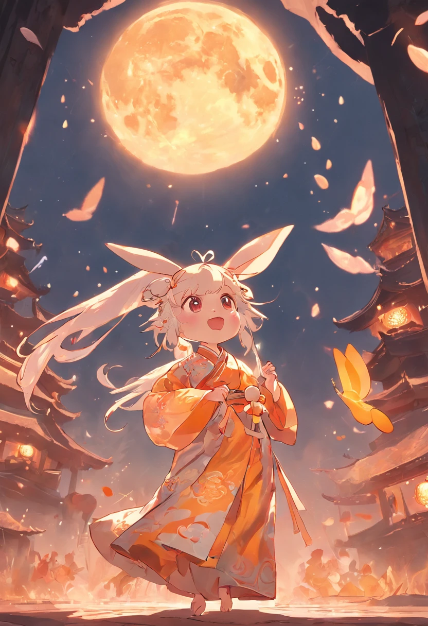 Mid-Autumn Festival, a lovely fairy, dressed in ancient Chinese clothes, and a rabbit playing beside the girl, moon cakes, auspicious clouds, behind a huge moon, warm colors, abstract pictures, Pixar style, 3D effects, Disney style, clear outline light, edge light, fantasy, spot light, 8k --ar 9:16 --q 0.5 50 --niji 5, rabbit ears, surrealism, chiaroscuro, high details --s 2