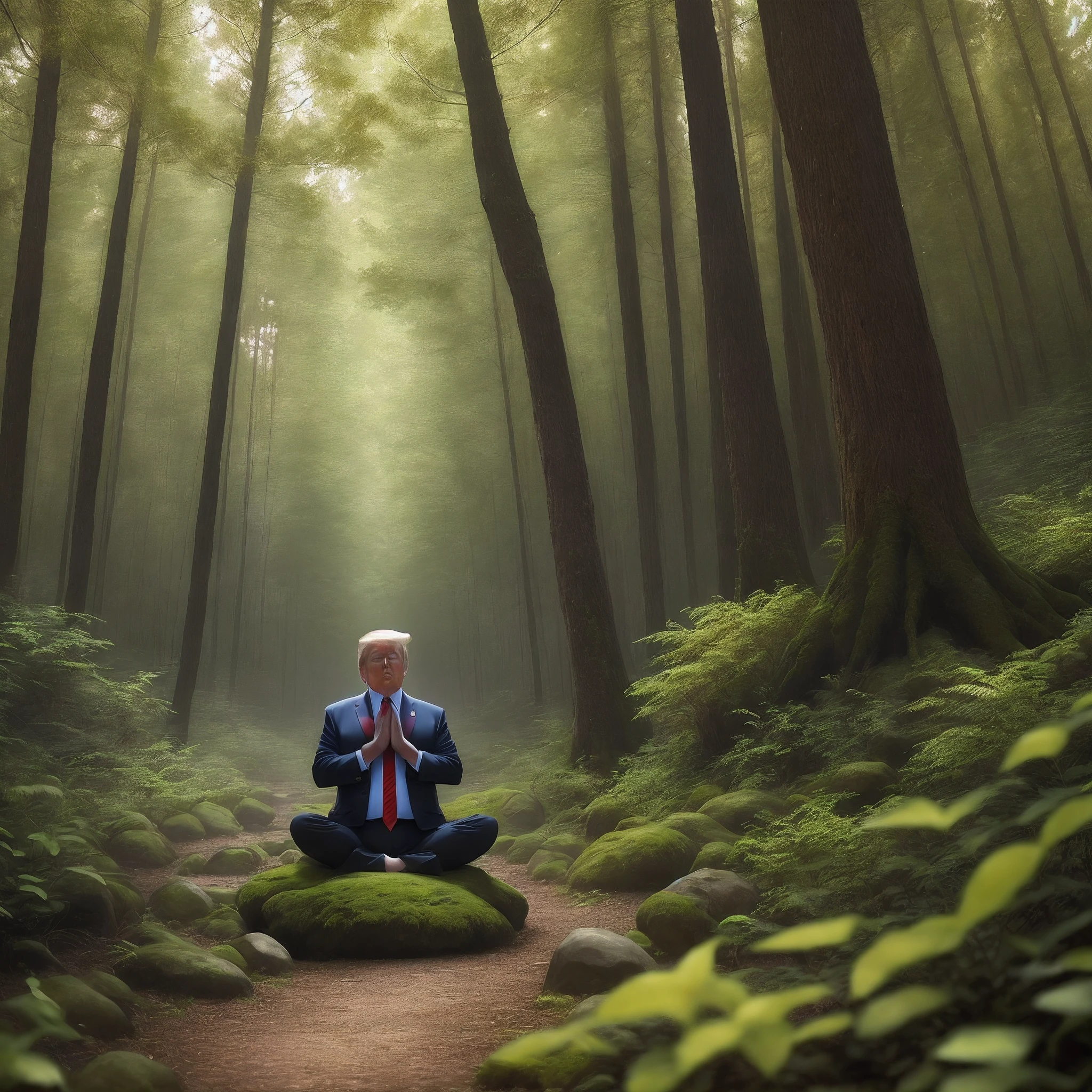 Donald Trump setting in forest doing meditation