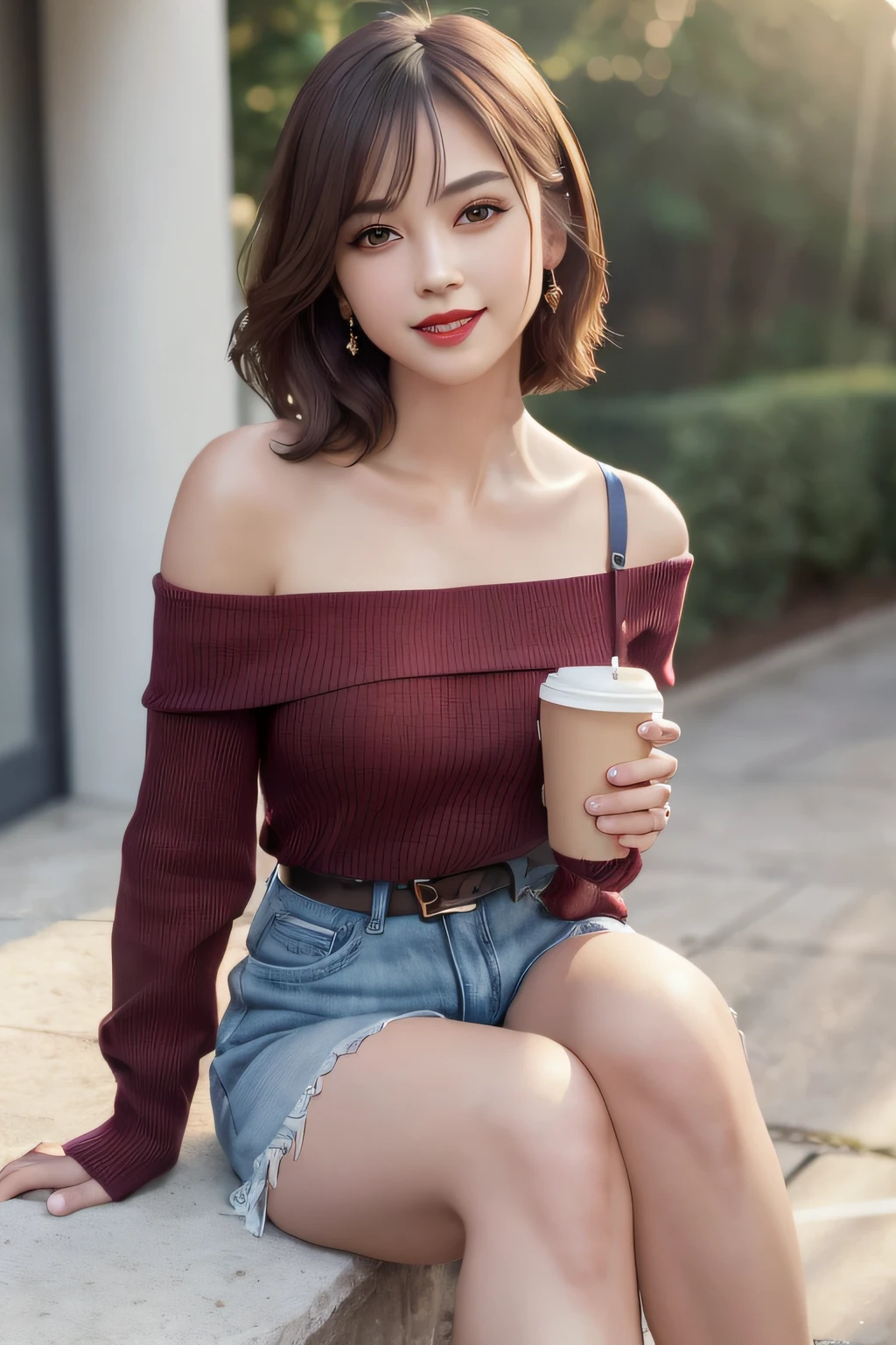(intricate details:1.3), (best quality:1.2), (masterpiece:1.3), realistic, 8K UHD, High definition, High quality texture, intricate details, detailed texture, finely detailed, high detail, extremely detailed cg, High quality shadow, a realistic representation of the face, beautiful detailed, (high detailed skin, skin details), Detailed beautiful delicate face, face looking to the left, Detailed beautiful delicate eyes, a face of perfect proportion with smile, Film Grain, Depth of field, Cinematic Light, dramatic light, Lens Flare, Ray tracing, perspective, 20s, (photorealistic:1.2),
1girl, bare_shoulders, belt, black_footwear, blurry, blurry_background, bra_strap, breasts, building, coffee, collarbone, cup, day, disposable cup, full body, lips, lipstick, long sleeves, looking at viewer, makeup, off-shoulder shirt, off-shoulder sweater, off shoulder, outdoors, pantyhose, red lips, shirt, short hair, shorts, sitting, smile, solo, stool, striped, striped shirt