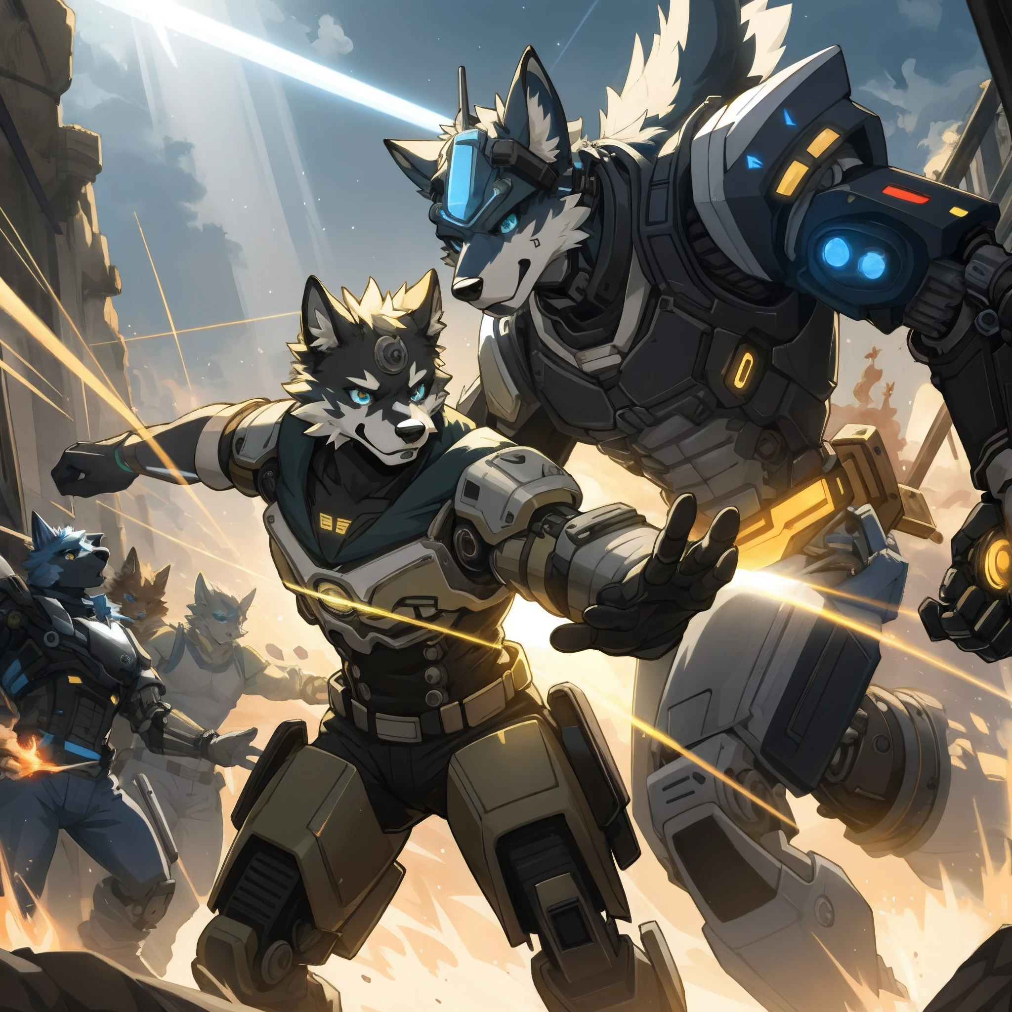 highres, top quality, best quality, paid reward available, High-quality illustrations, unparalleled masterpiece(battle movie of machine)Cyberpunk, steam punk, Mechanical marvel, Robotic presence, Cybernetic guardian, 6+boys, 6+girls(furry anthro:1.7)(Furry body, dog facial features, dog body features)elegant, clear focus, absurdres(highly detailed beautiful face and eyes)perfect anatomy, expression, caustics, dynamic lighting, light rays, light particles, lens flare, deep shadow, assorted poses, dynamic angle,