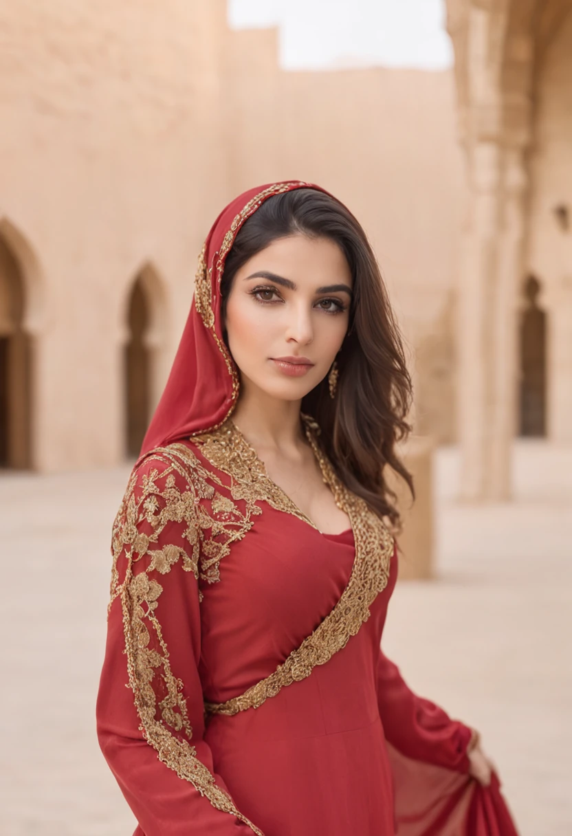 arafed woman in a red and gold shawl and a red dress, middle eastern skin, beautiful arab woman, young middle eastern woman, beautiful iranian woman, arabian beauty, middle eastern, mid shot portrait, detailed face of an arabic woman, 7 0 mm portrait, portrait shot, close - up portrait shot, close up portrait shot, photo of a beautiful woman