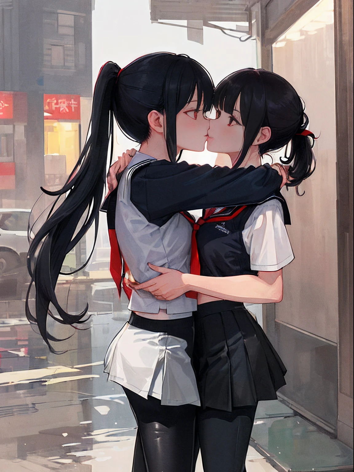 ((Masterpiece)), (((Best quality))), ((Ultra-detailed)), ((illustration)),2girls,Solo,Black hair, High single ponytail, bangs,Medium breasts,short  skirt ,((Perforated black trousers leggings)),Sweat,[[Blood on clothes]], Building,(废墟),Rainy days,Red eyes,red necktie,standing,(hug),(Kiss),Student uniform
