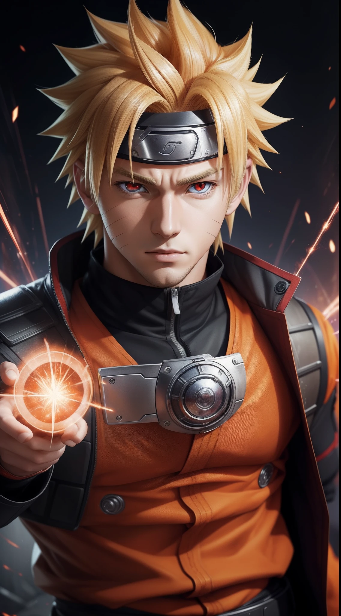 Hot profile picture, masterpiece, extremely accurate rendering, cool handsome Naruto, blond hair, looking at viewer, solo, reliable, savior of the world, simple design, beautiful image best, 8K, light red eyes, original orange clothing style according to the characters in the story, reflecting the red and purple sparks on the chest.