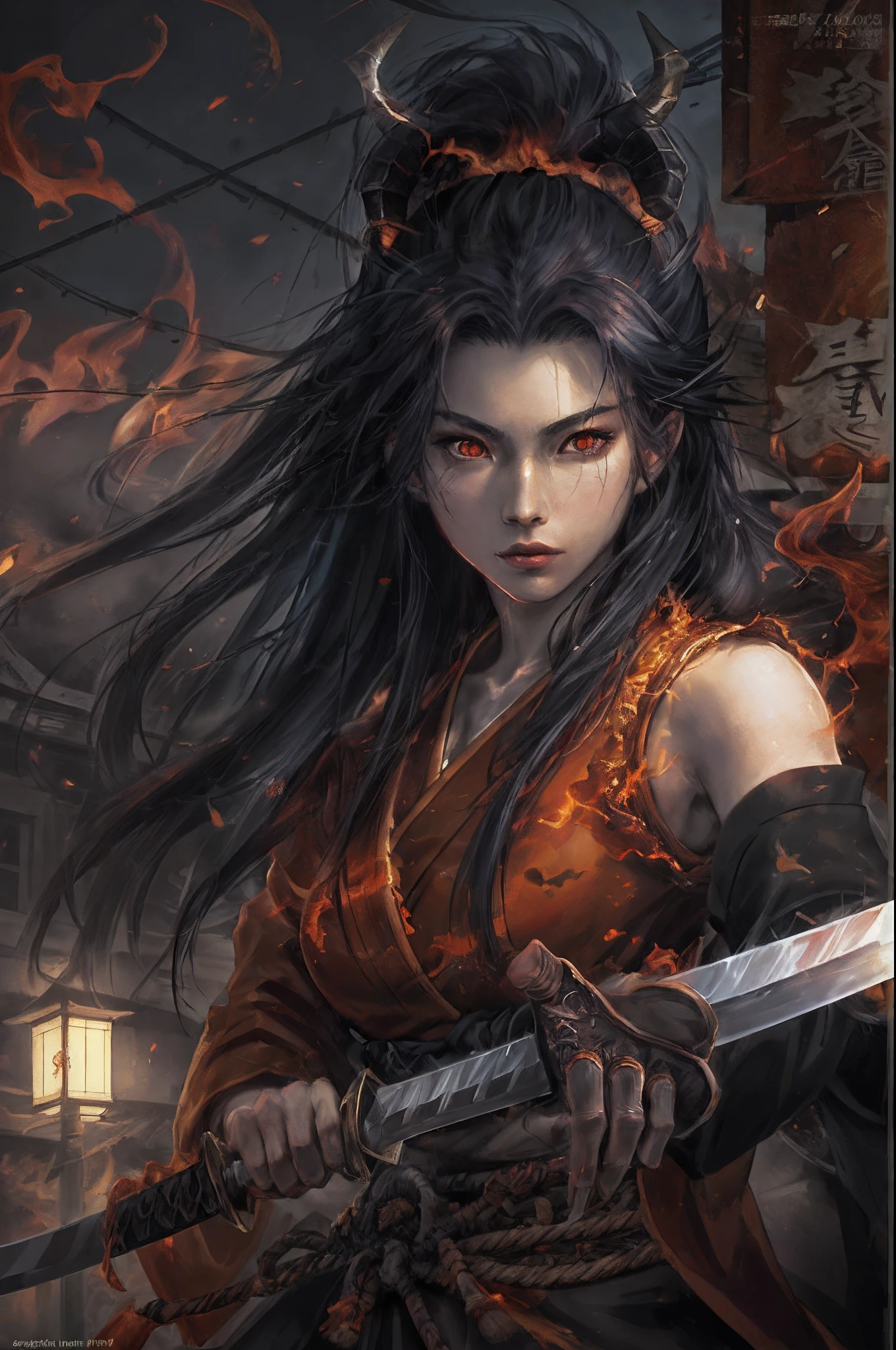 arafed, high details, best quality, 16k, [ultra detailed], masterpiece, best quality, (extremely detailed), dynamic angle, ultra wide shot, RAW, photorealistic, fantasy art, RPG art, a picture of a Japanese female samurai fighting  BREAK a demon in the streets of the street at night,  a Japanese woman samurai, a female warrior, ultra detailed face (best details, Masterpiece, best quality), pale skin, long hair, black hair, dynamic eyes color, armed with a katana (best details, Masterpiece, best quality), shinning sword (best details, Masterpiece, best quality) wearing armor, BREAK and a demon (best details, Masterpiece, best quality), red skinned, black eyes, black mane, bat wings, horns, big horns, armed with a long bladed covered in flames, covered in red fire, medieval Japanese street (best details, Masterpiece, best quality) background, night time, moon light, street lamp light