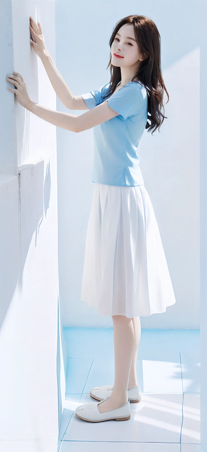 Woman leaning against a wall in a blue shirt and white skirt, Pale blue, Beautiful image, jia, advertisement picture, sky - blue dress, simple dress, with white, summer morning light, shaxi, blue-white dress, Single image, white and pale blue, White skirt, Cute:2, Airy, wearing white skirt