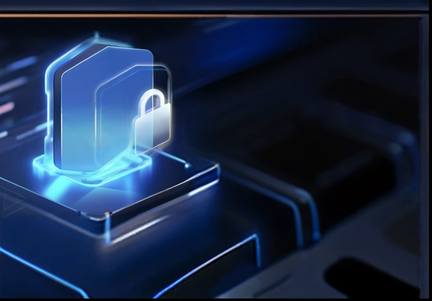 There is a blue light on the computer keyboard with a padlock, cyber security polygon, the encrypted metaverse, Cyber architecture, blockchain vault, alternate angle, cybertech, Cyber style, cyber space, close angle, Avatar image, sheild, Network embellishment, security rhox, the tesseract, Close-up shot, author：Adam Maczynski