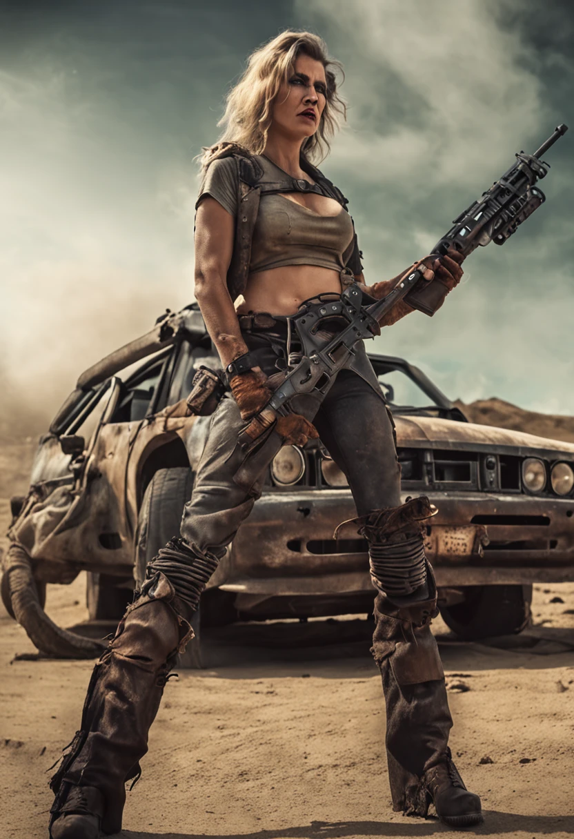 Mad Max Woman, photographrealistic, postapocalypse、rifle、teats